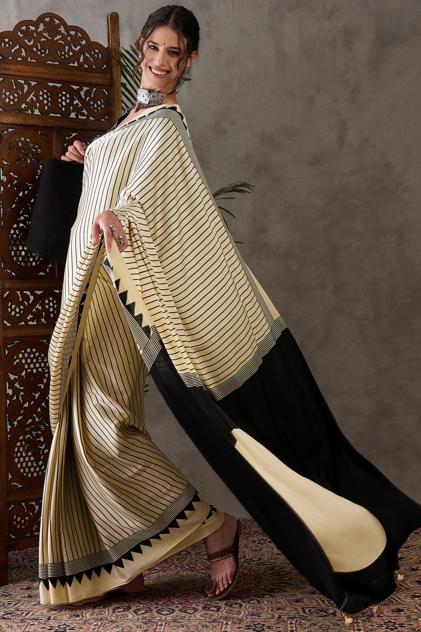 Buy MySilkLove White Lotus Printed Satin Gaji Silk Saree Online