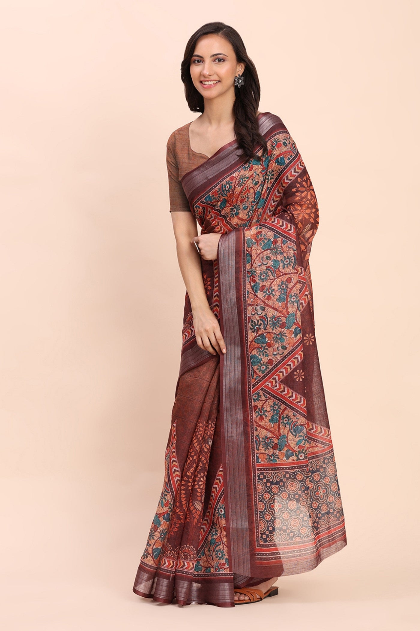Buy MySilkLove Russet Brown Woven Linen Cotton Saree Online