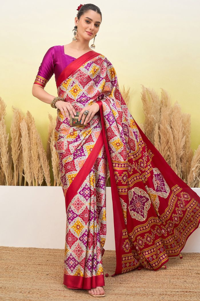 Buy MySilkLove Thistle Purple and Red Patola Printed Satin Crepe Silk Saree Online