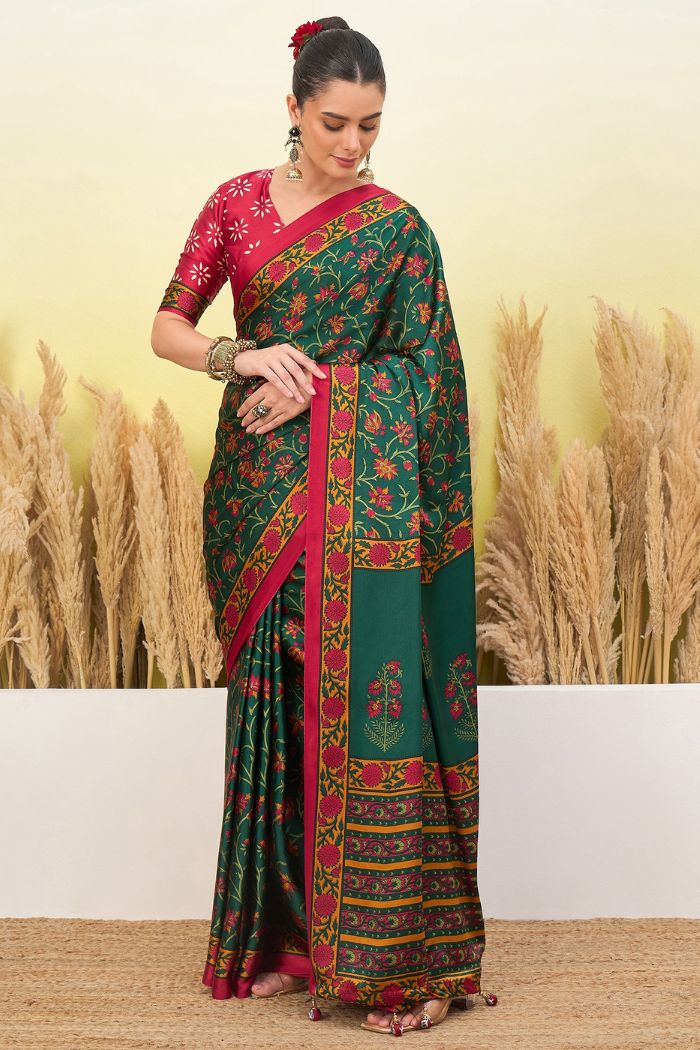 Buy MySilkLove Jungle Green and Red Modal Satin Printed Silk Saree Online