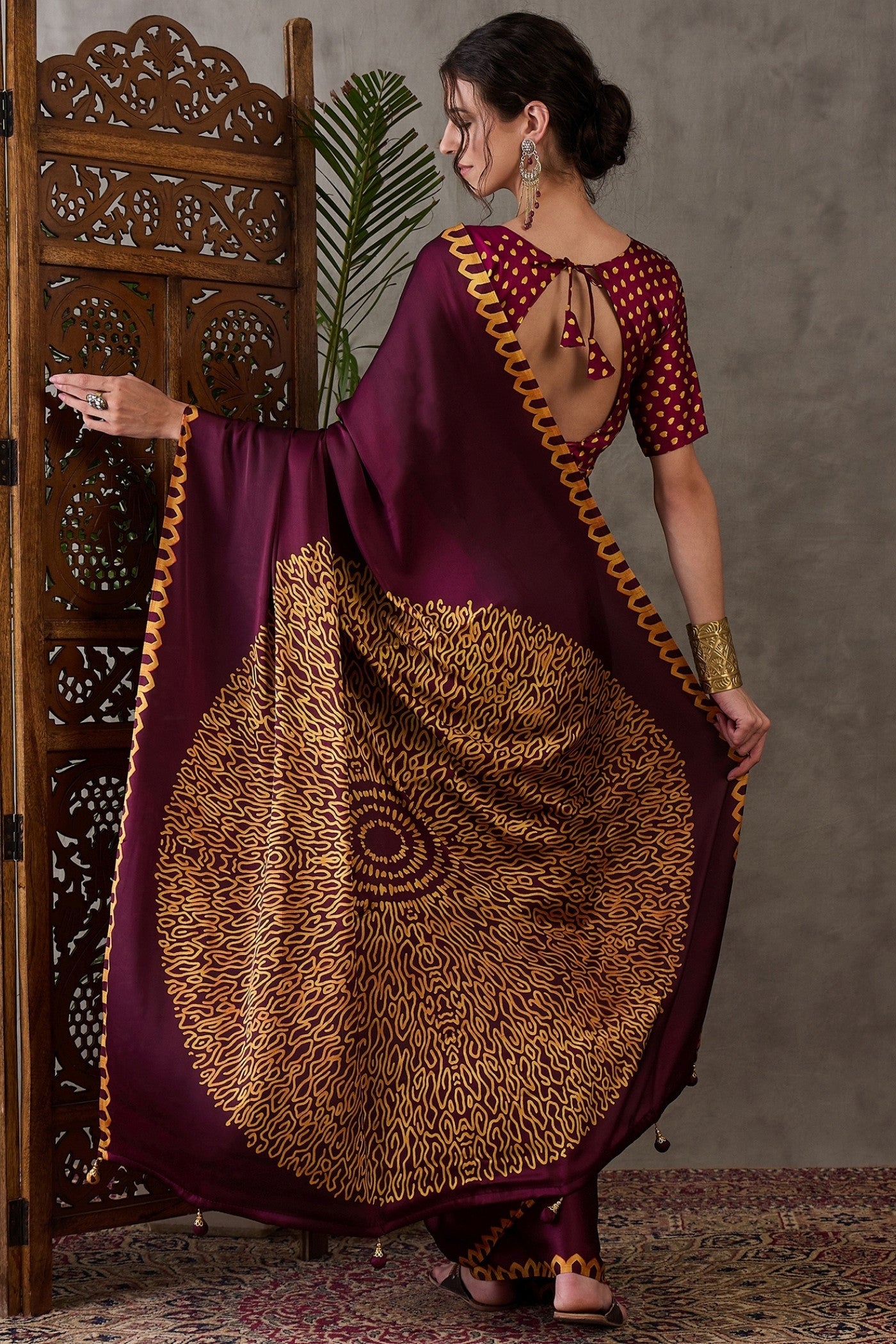 Buy MySilkLove Burgundy Maroon Printed Satin Gaji Silk Saree Online