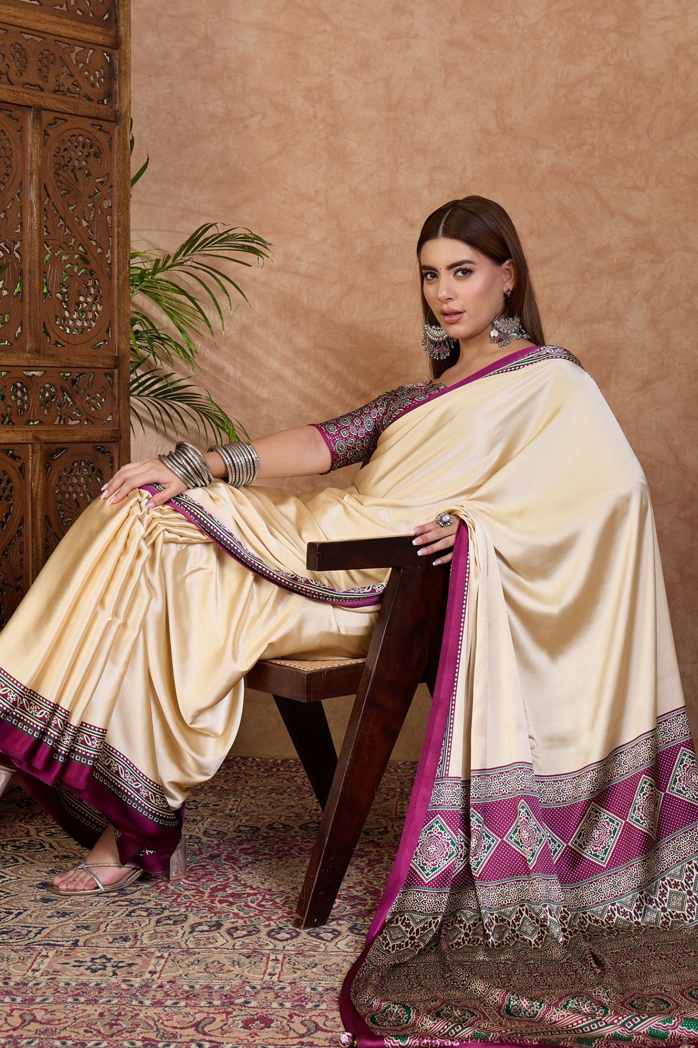 Buy MySilkLove Alabaster Cream and Purple Ajrakh Printed Satin Crepe Silk Saree Online
