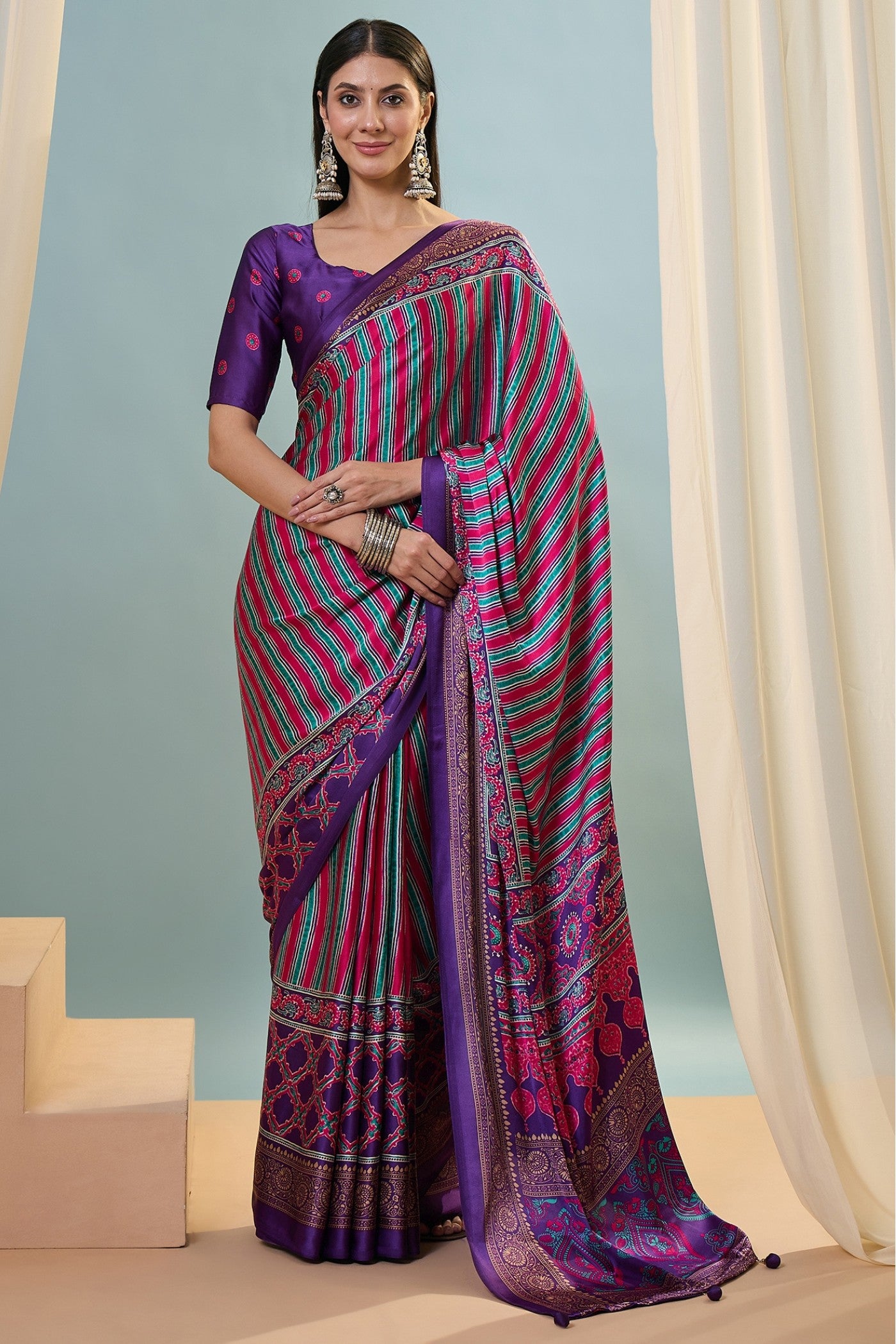 Buy MySilkLove Hexberry Purple Ajrakh Printed Satin Crepe Silk Saree Online