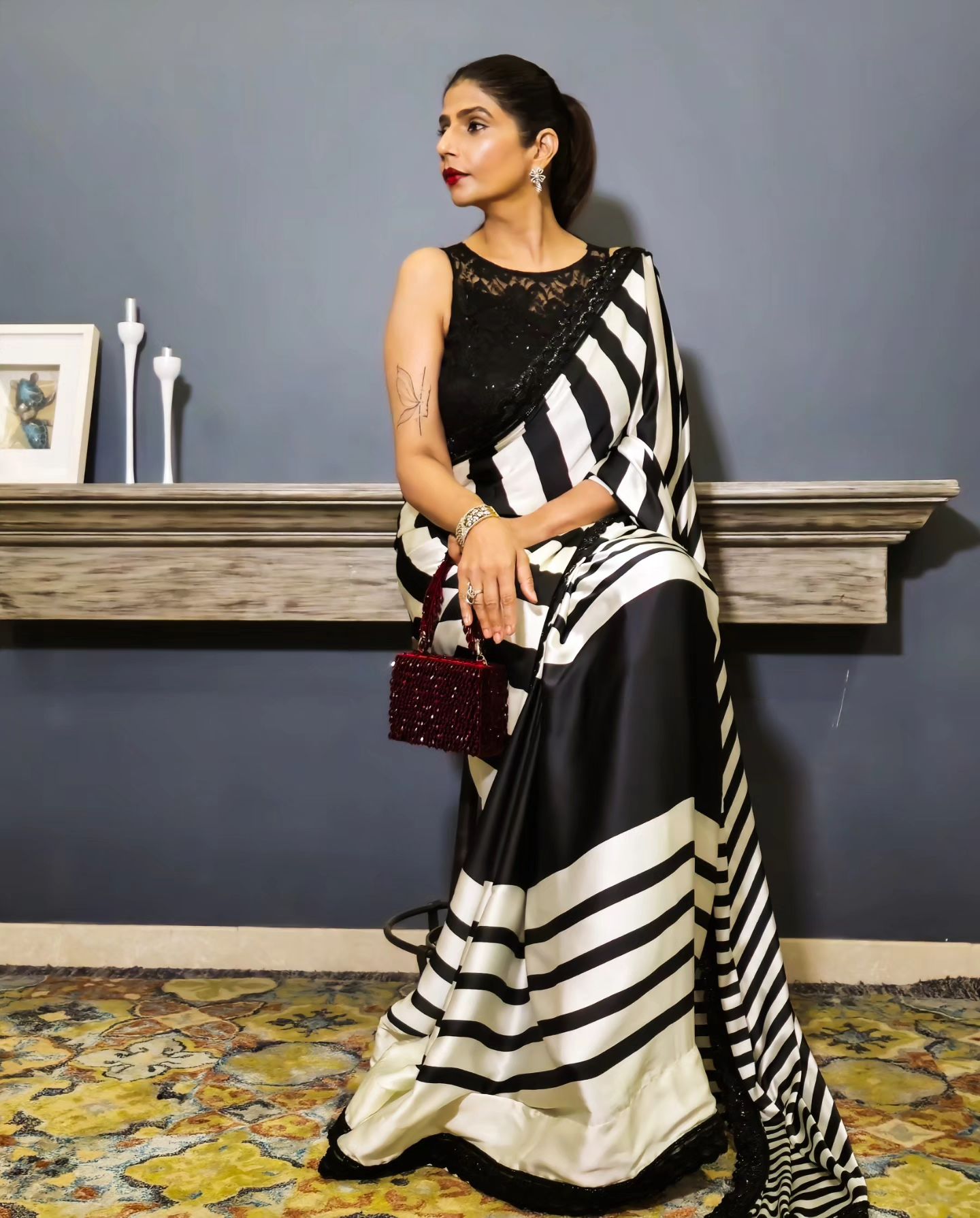 Buy MySilkLove Sisal Black and White Stripes Printed Satin Silk Saree Online