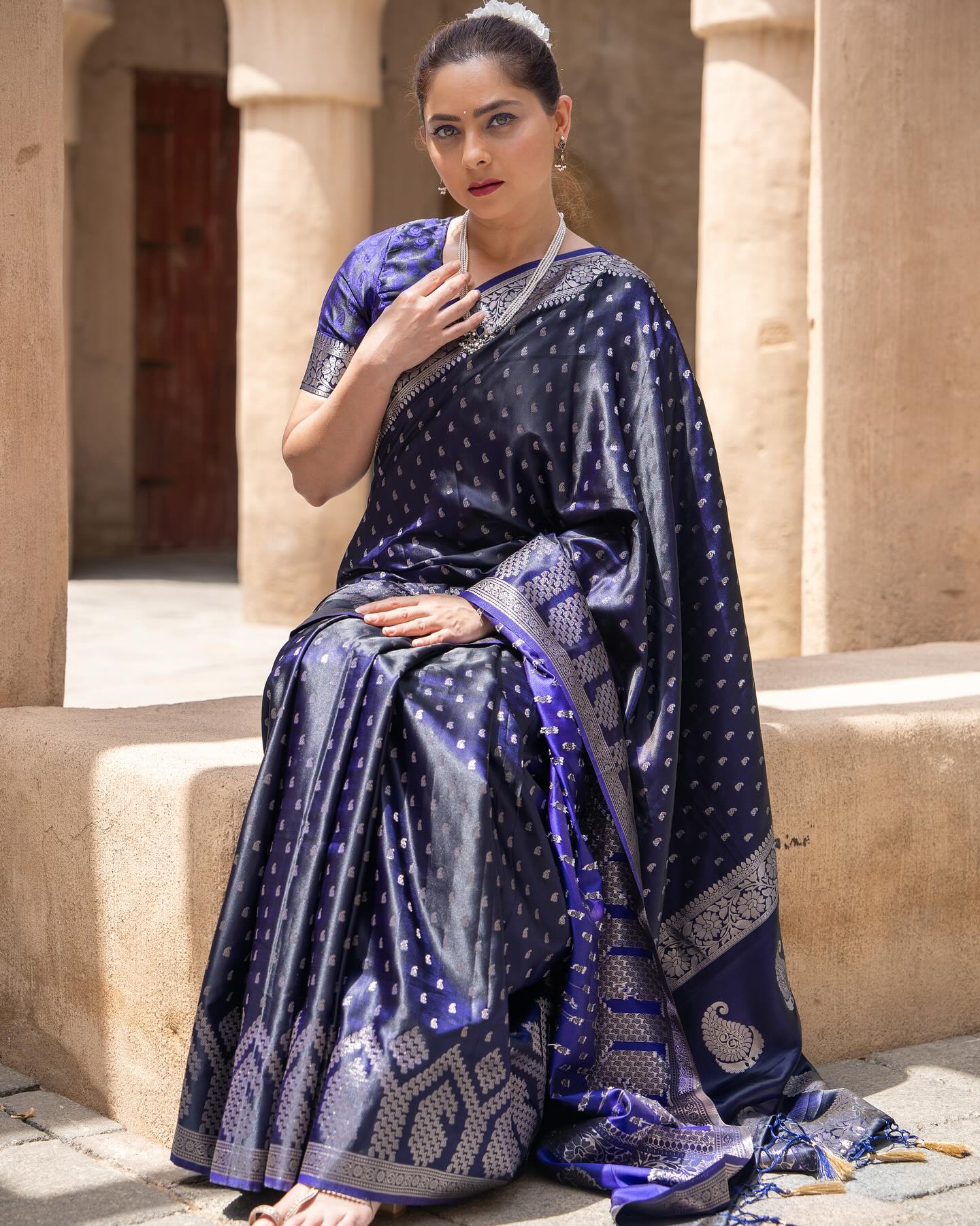 MySilkLove Martinique Blue Banarasi Handloom Satin Silk saree