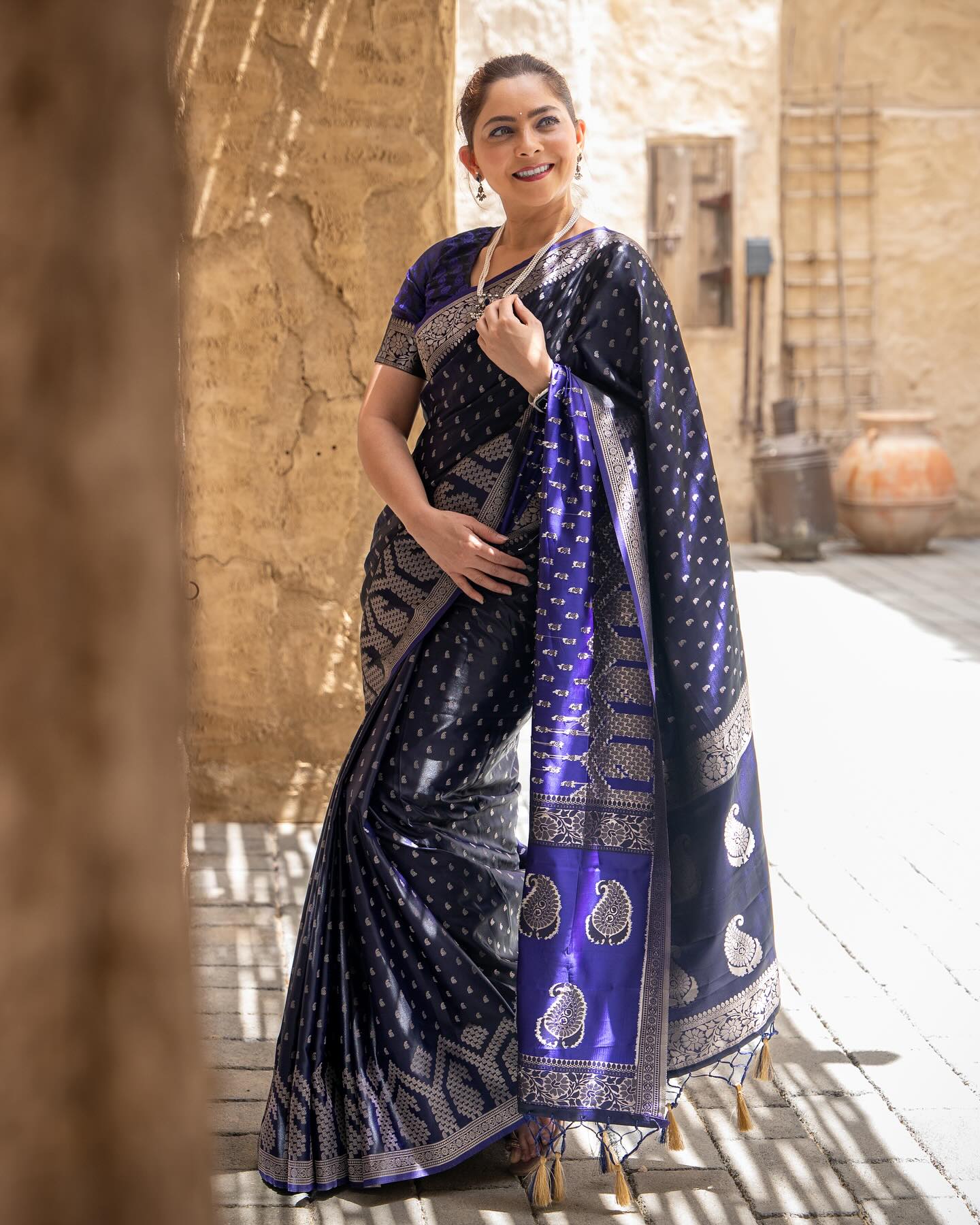 Buy MySilkLove Martinique Blue Banarasi Handloom Satin Silk saree Online