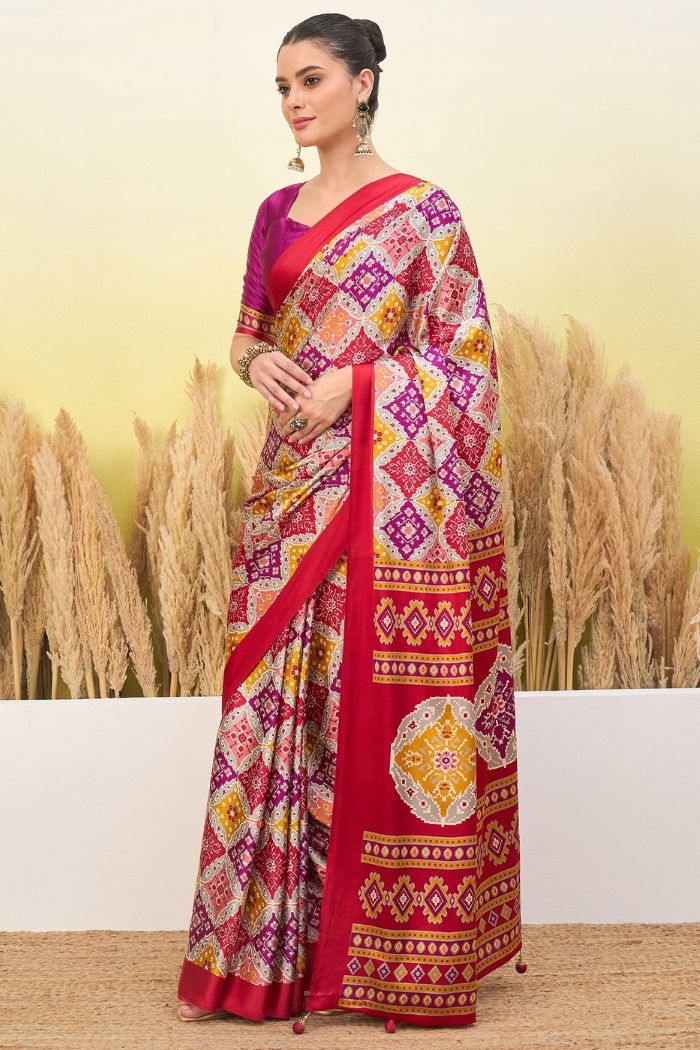 Buy MySilkLove Thistle Purple and Red Patola Printed Satin Crepe Silk Saree Online