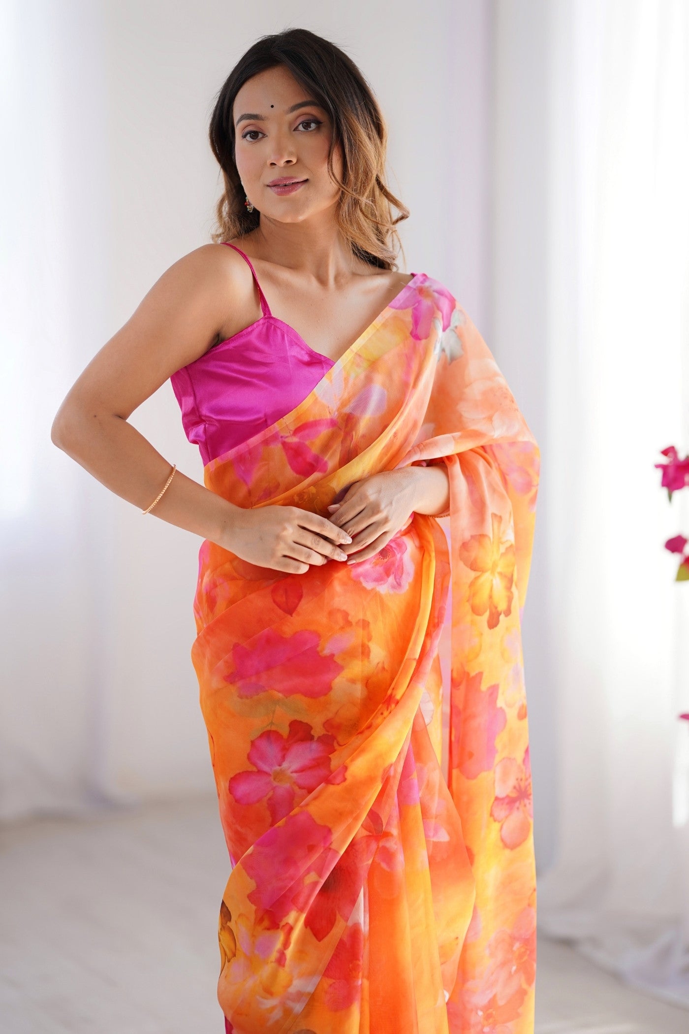 Buy MySilkLove Neon Orange Organza Printed Saree Online