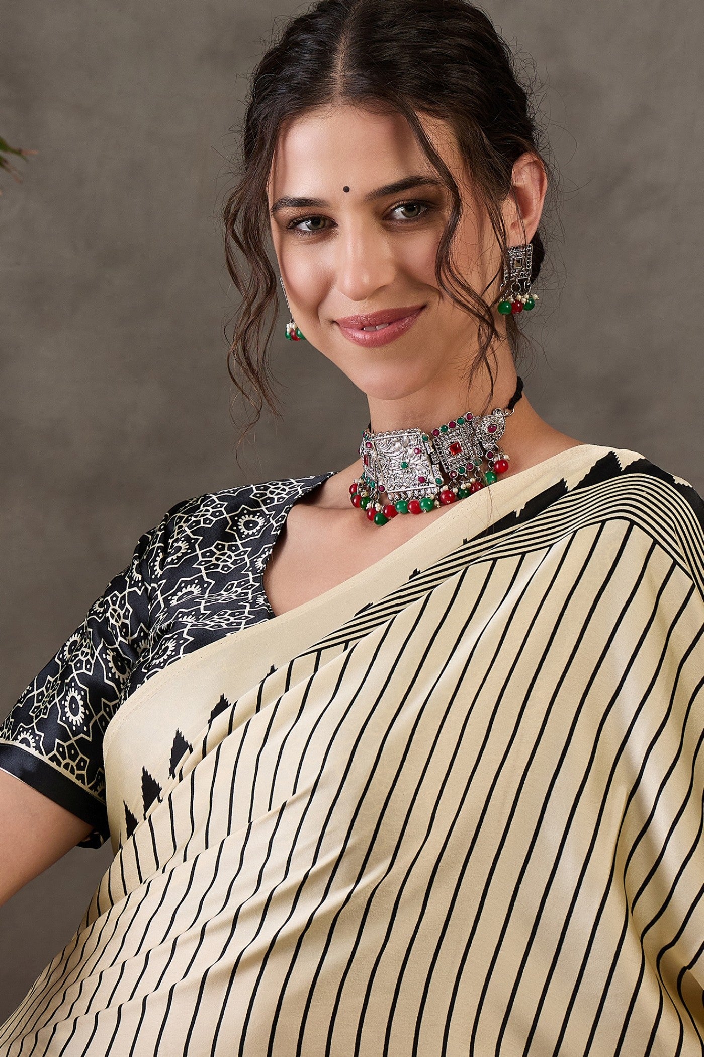 Buy MySilkLove White Lotus Printed Satin Gaji Silk Saree Online