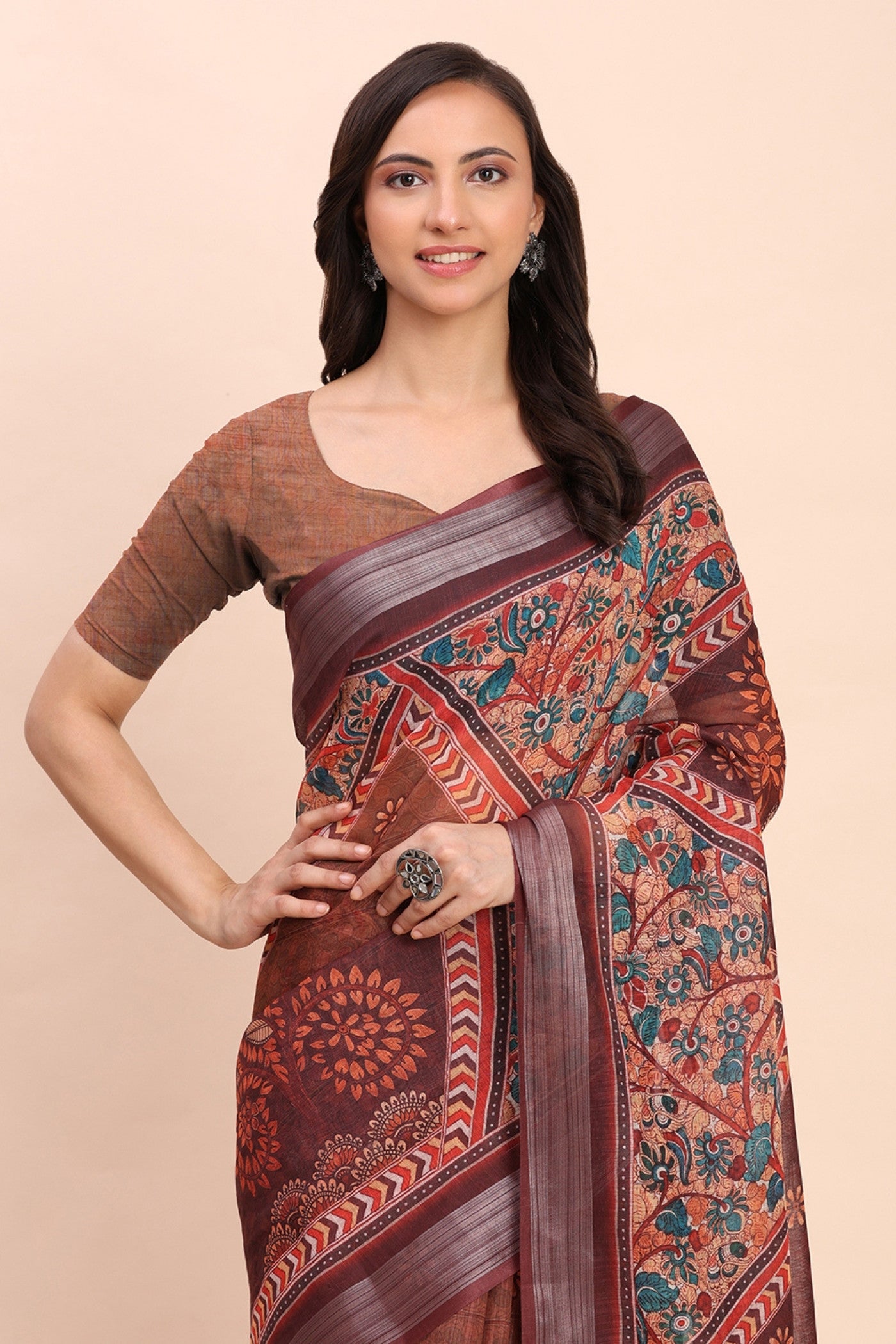 Buy MySilkLove Russet Brown Woven Linen Cotton Saree Online