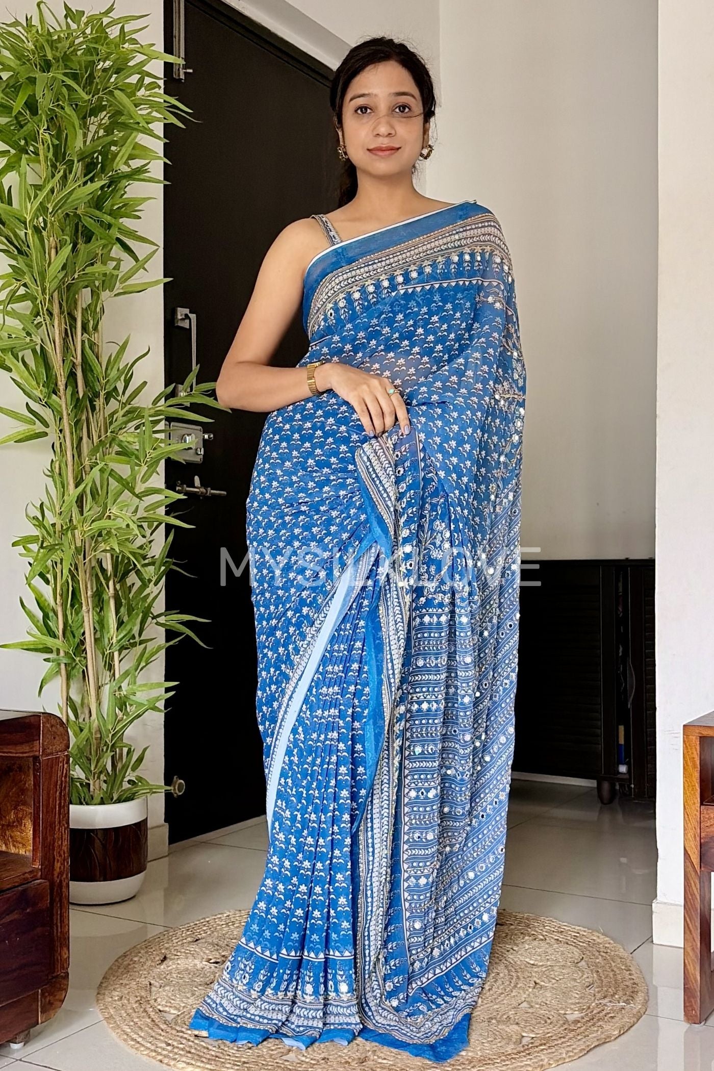 Buy MySilkLove Kareena Kapoor Inspired: Blue Ajrakh Georgette Mirror Work Saree Online