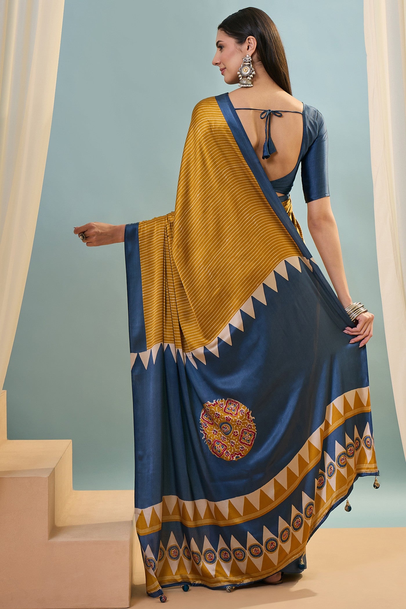 Buy MySilkLove Chrome Yellow Ajrakh Printed Satin Crepe Silk Saree Online