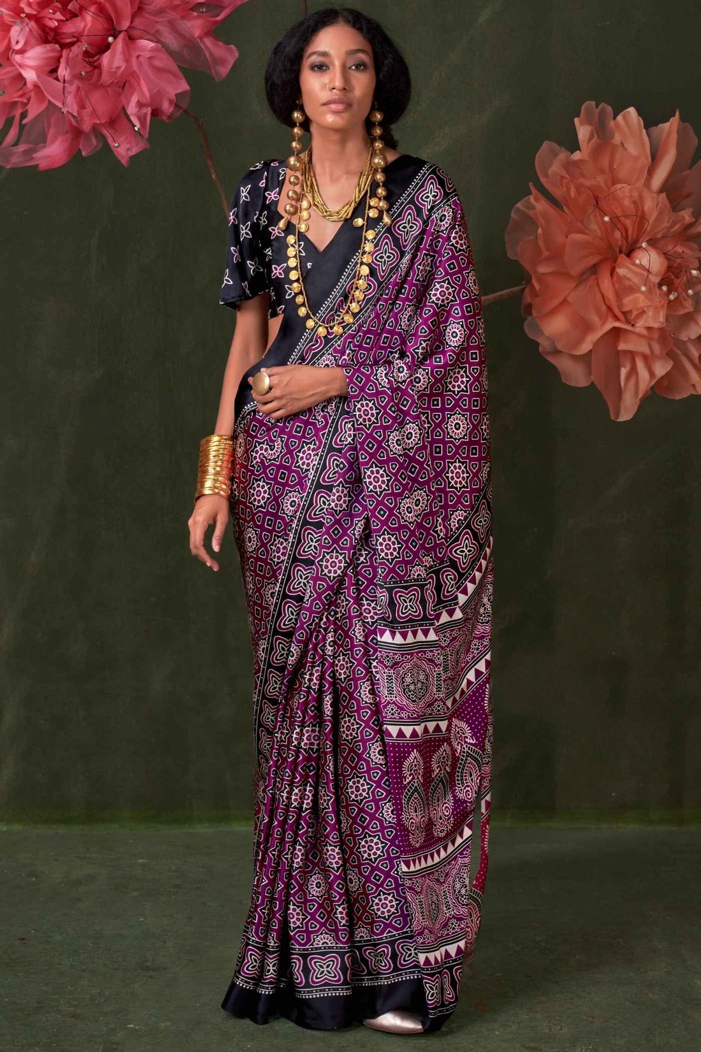 Buy MySilkLove Rebecca Purple Ajrakh Printed Satin Crepe Silk Saree Online