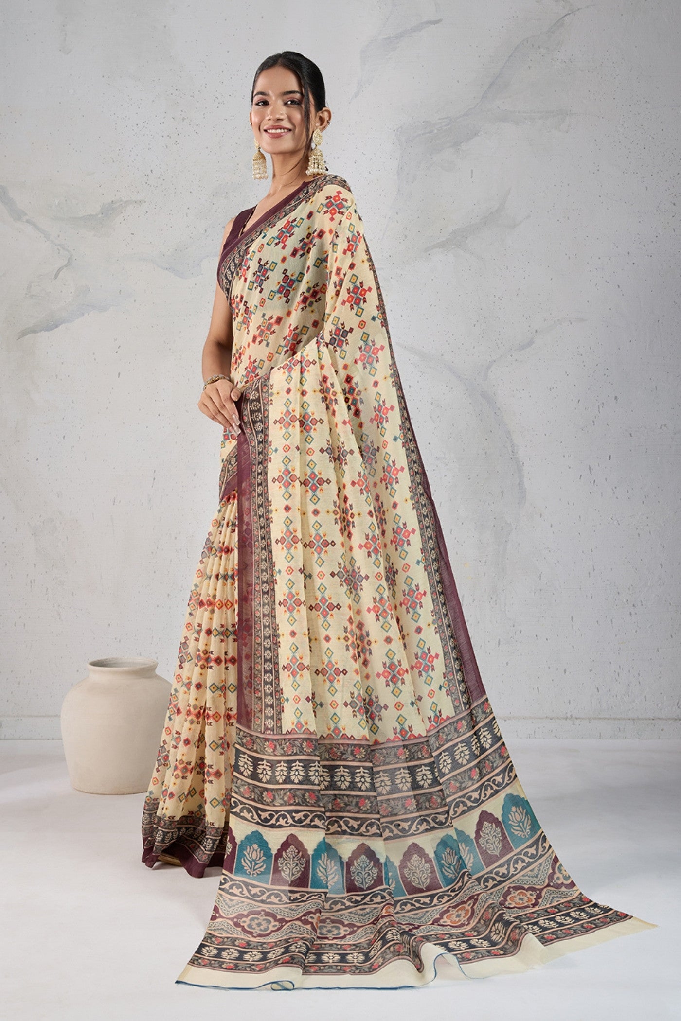 Buy MySilkLove White Smoke Digital Printed Saree Online