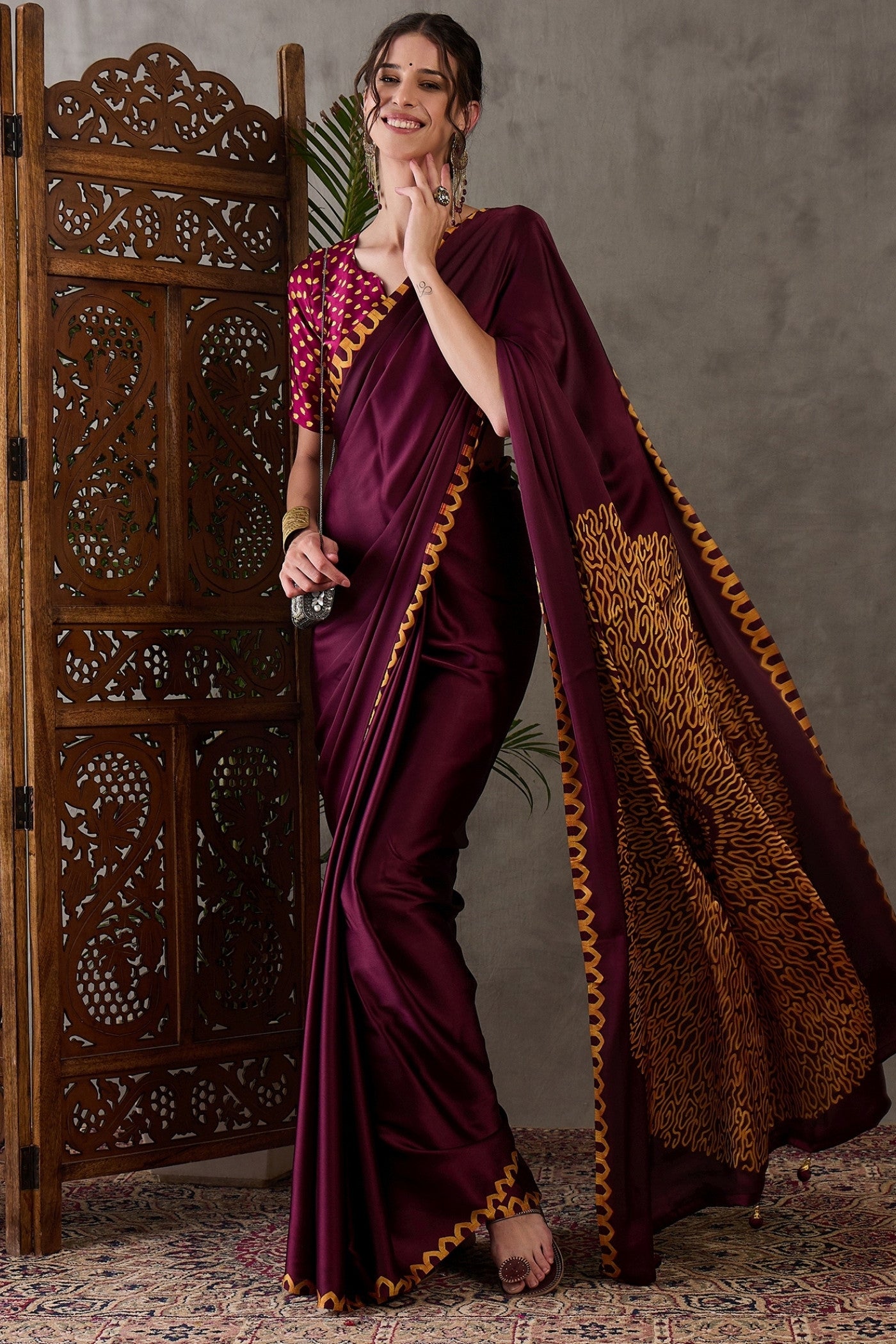Buy MySilkLove Burgundy Maroon Printed Satin Gaji Silk Saree Online