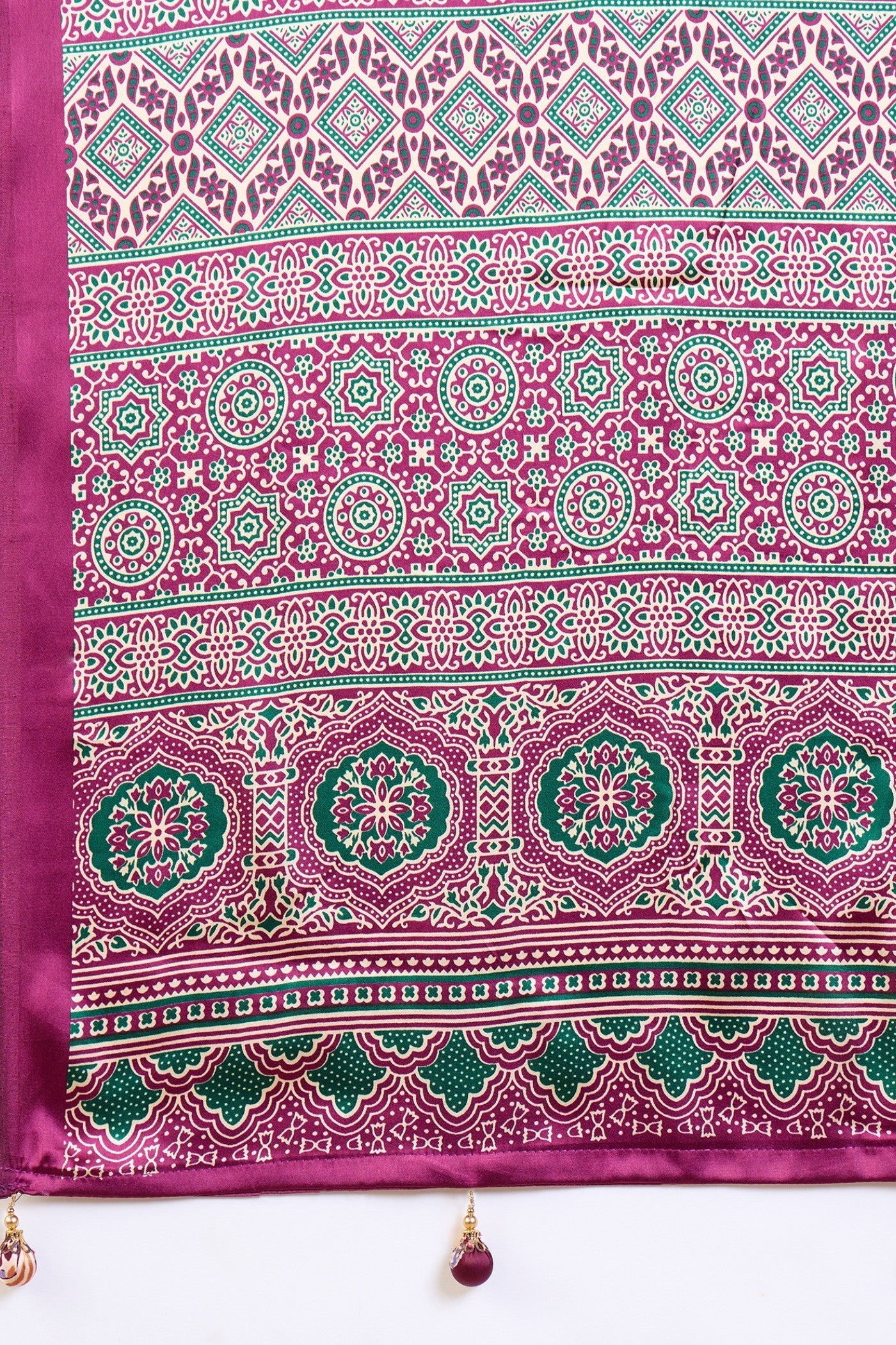 Buy MySilkLove Alabaster Cream and Purple Ajrakh Printed Satin Crepe Silk Saree Online