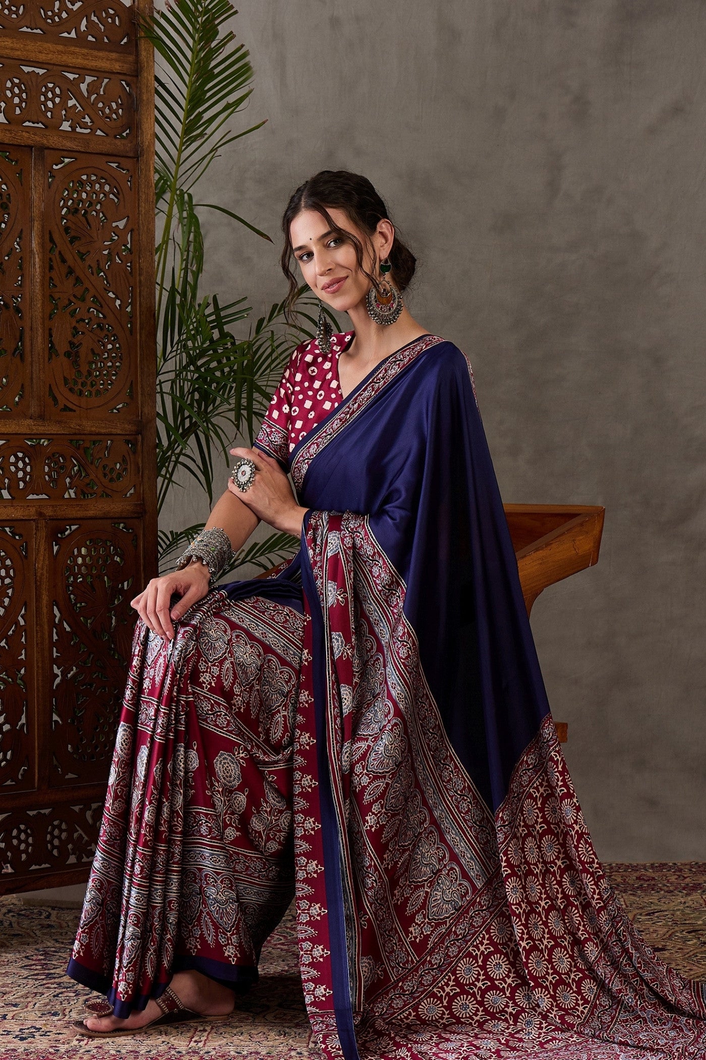 Buy MySilkLove Navy Blue Printed Satin Gaji Silk Saree Online