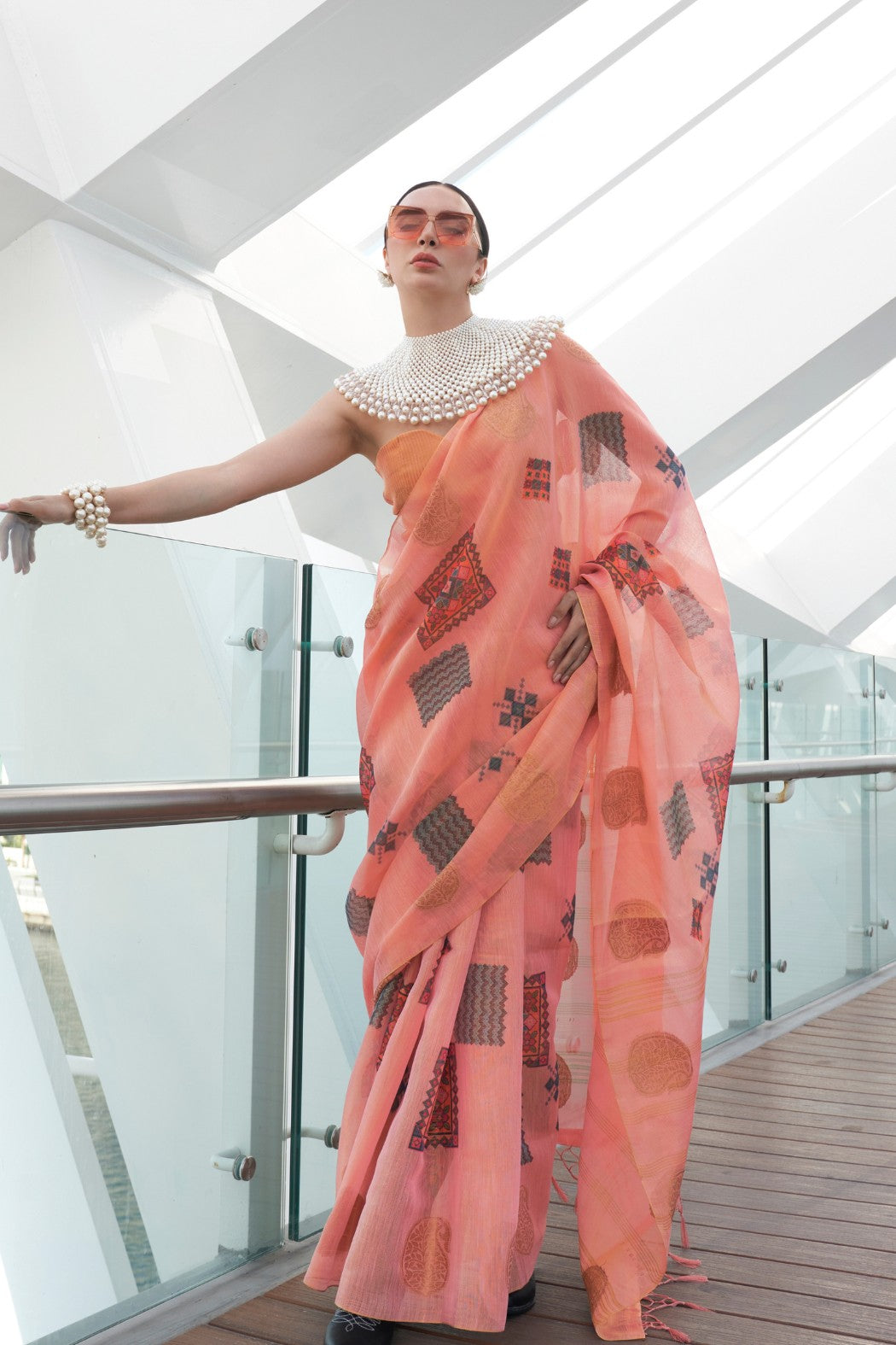 Buy MySilkLove Froly Peach Printed Handloom Zari Tissue Saree Online