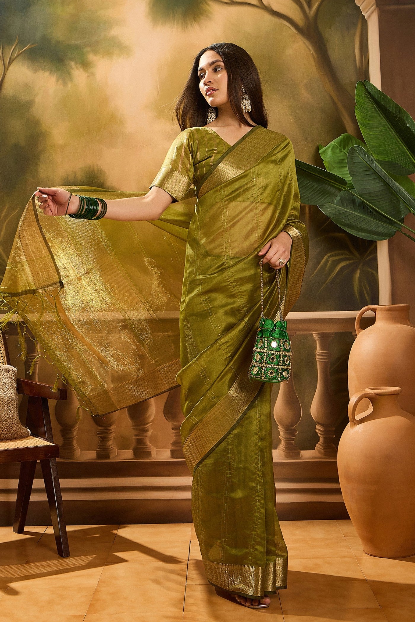 Buy MySilkLove Sheen Green Woven Organza Saree Online
