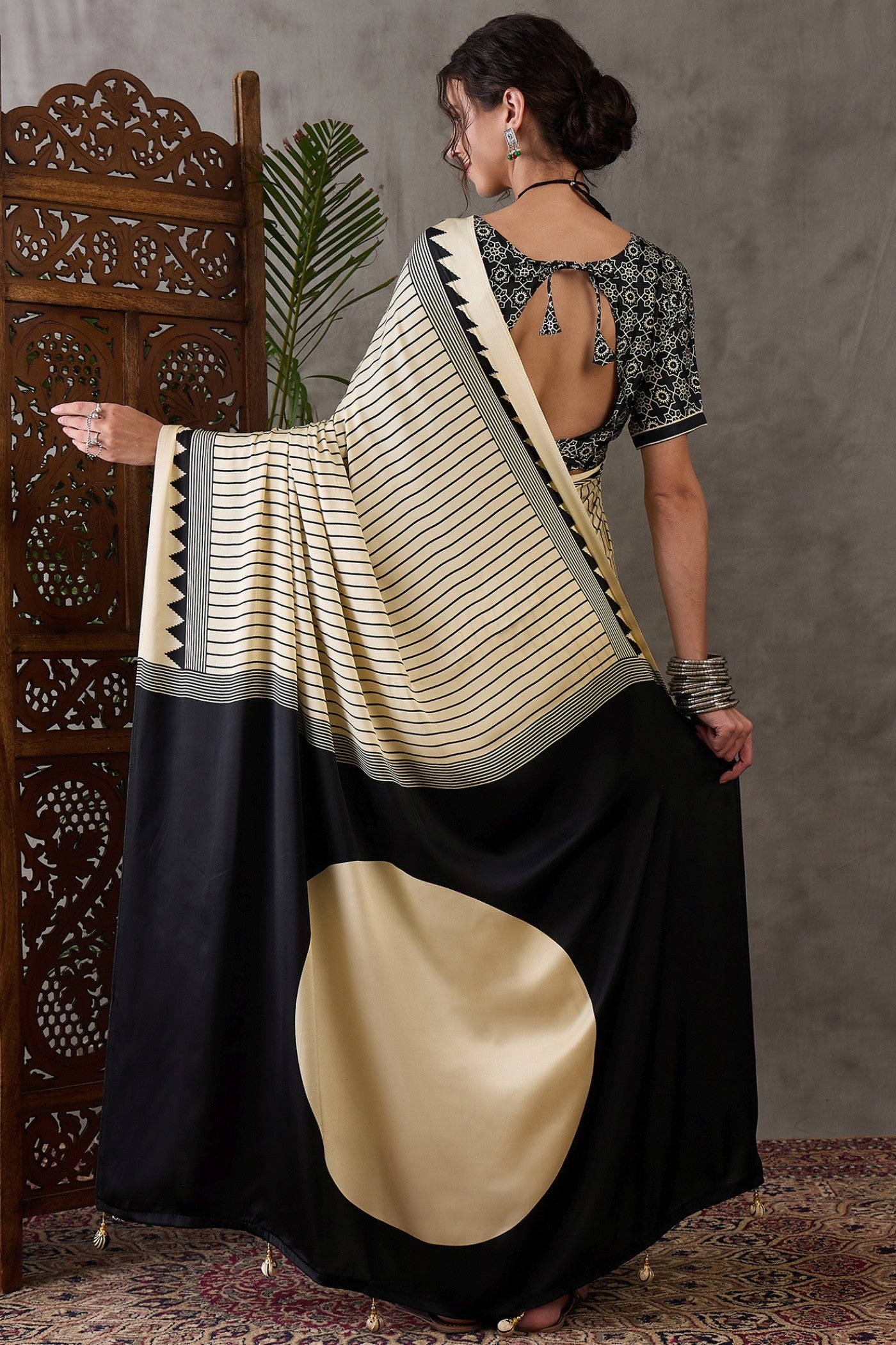 Buy MySilkLove White Lotus Printed Satin Gaji Silk Saree Online