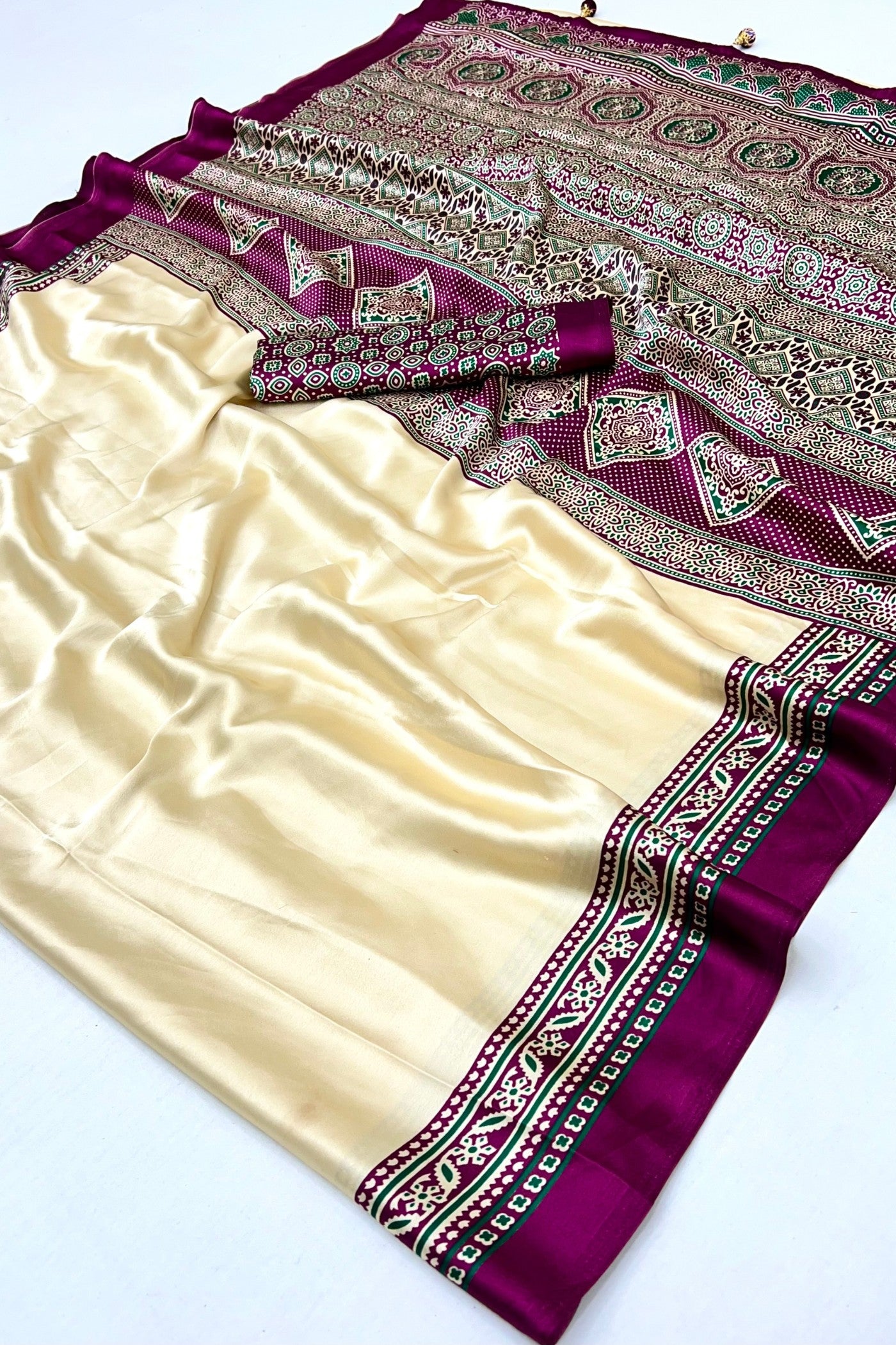 Buy MySilkLove Alabaster Cream and Purple Ajrakh Printed Satin Crepe Silk Saree Online