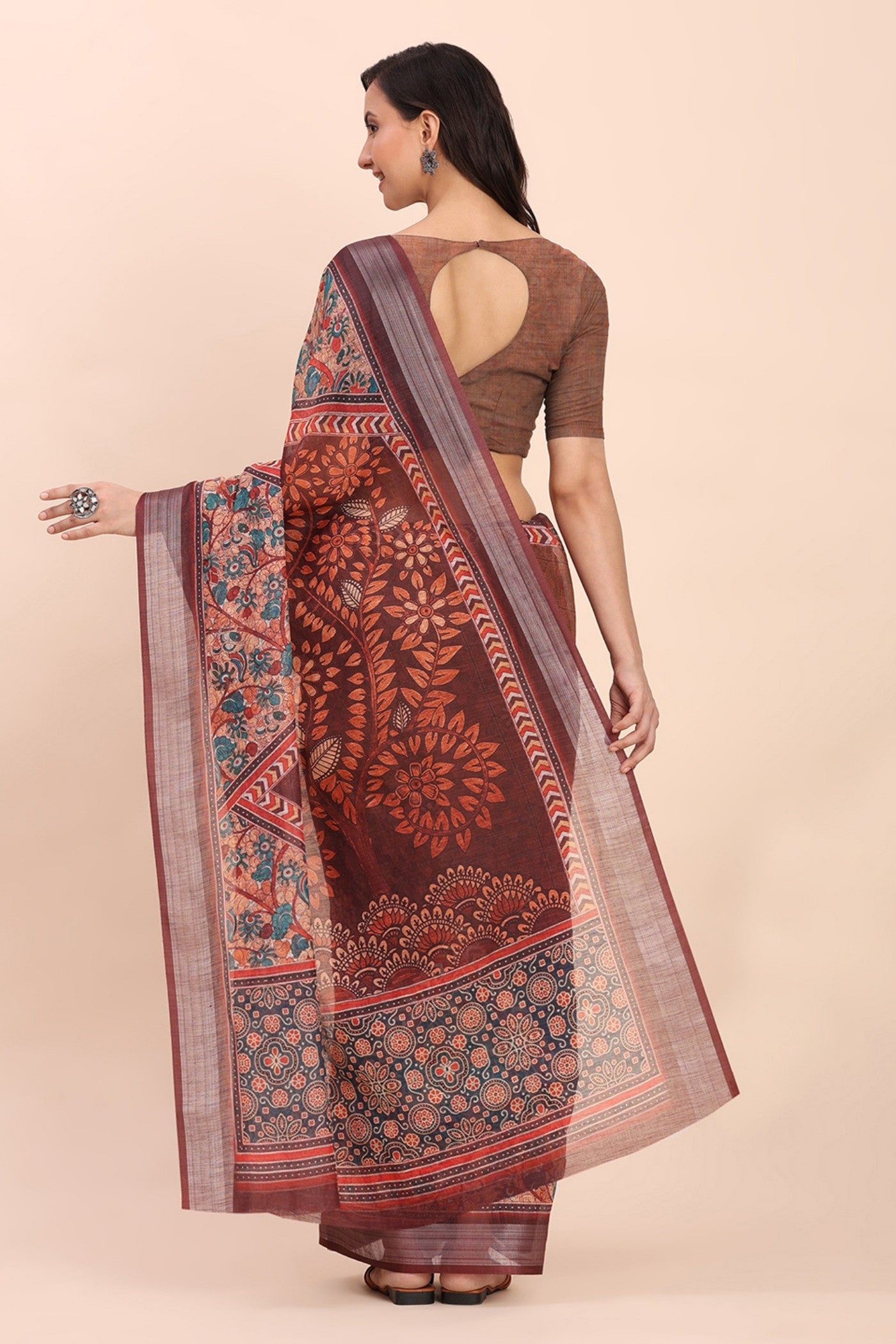 Buy MySilkLove Russet Brown Woven Linen Cotton Saree Online