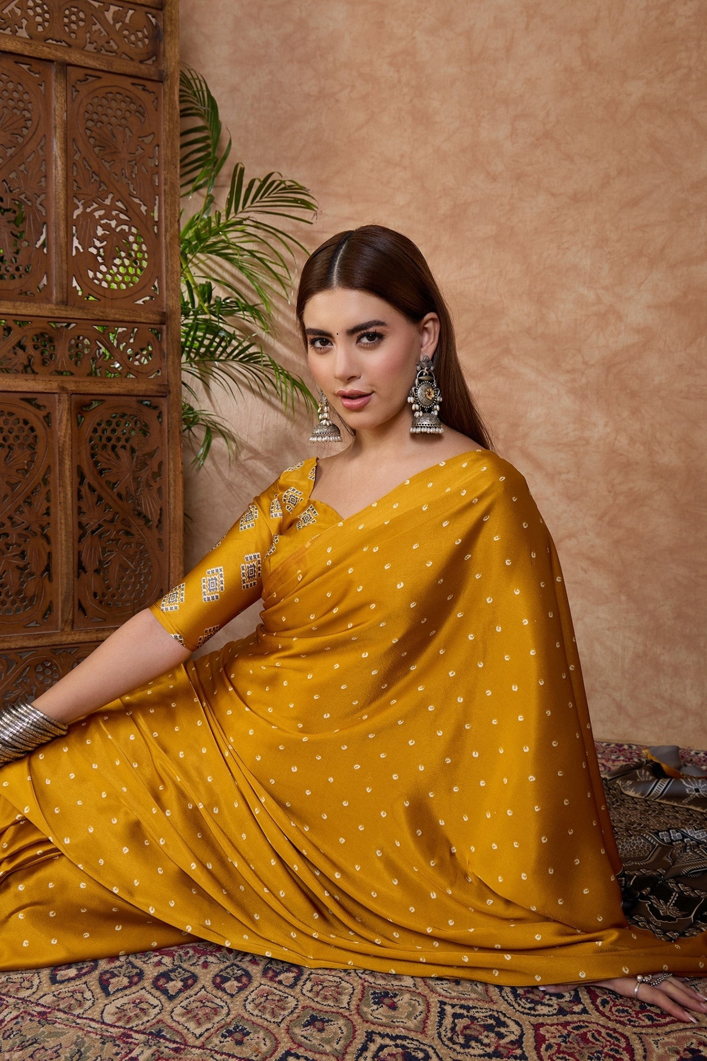 Buy MySilkLove Royal Yellow Ajrakh Printed Satin Crepe Silk Saree Online