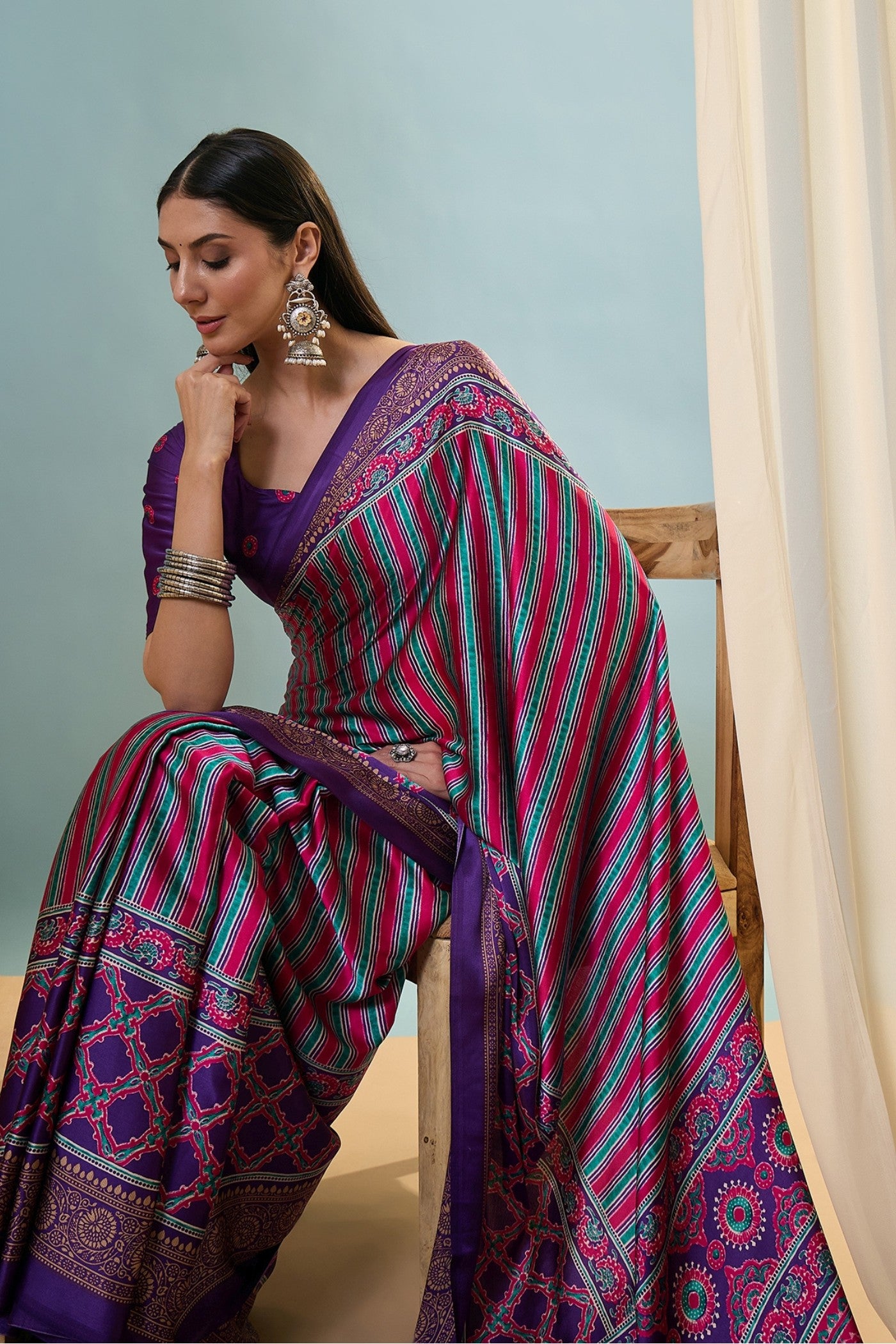 Buy MySilkLove Hexberry Purple Ajrakh Printed Satin Crepe Silk Saree Online