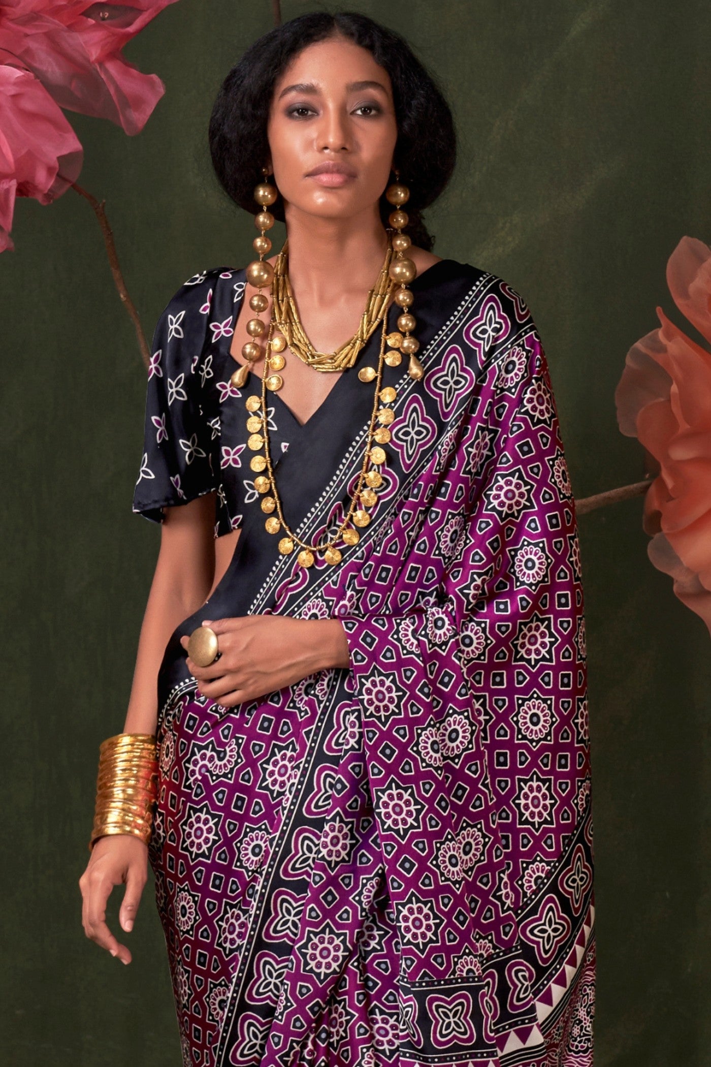 Buy MySilkLove Rebecca Purple Ajrakh Printed Satin Crepe Silk Saree Online