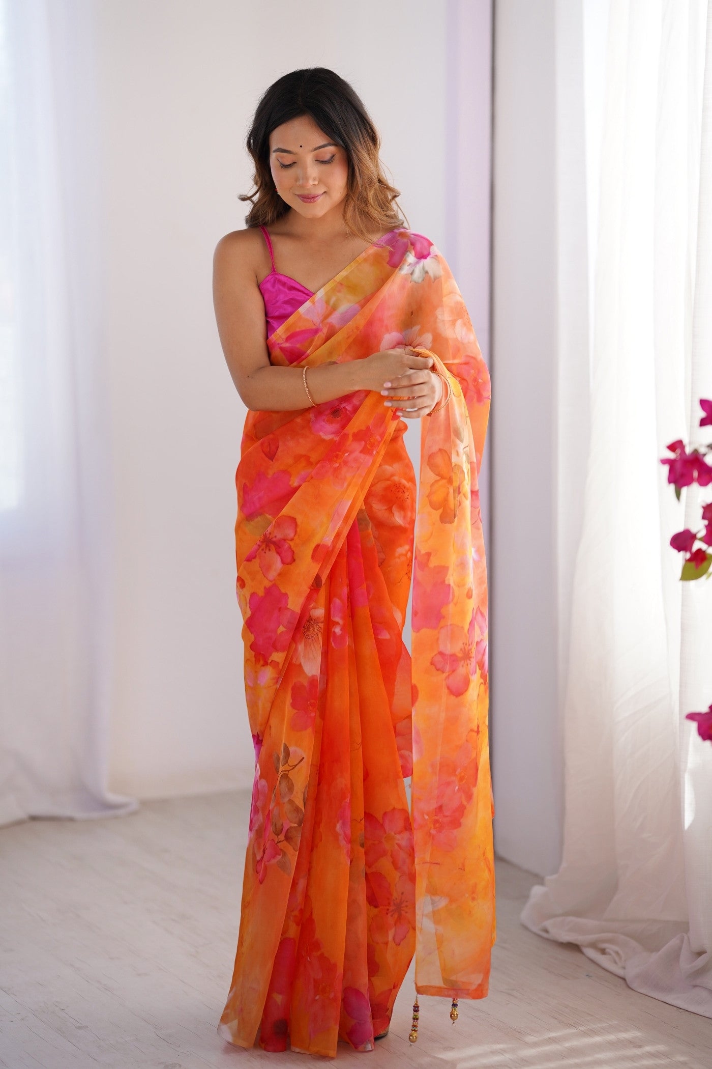 Buy MySilkLove Neon Orange Organza Printed Saree Online