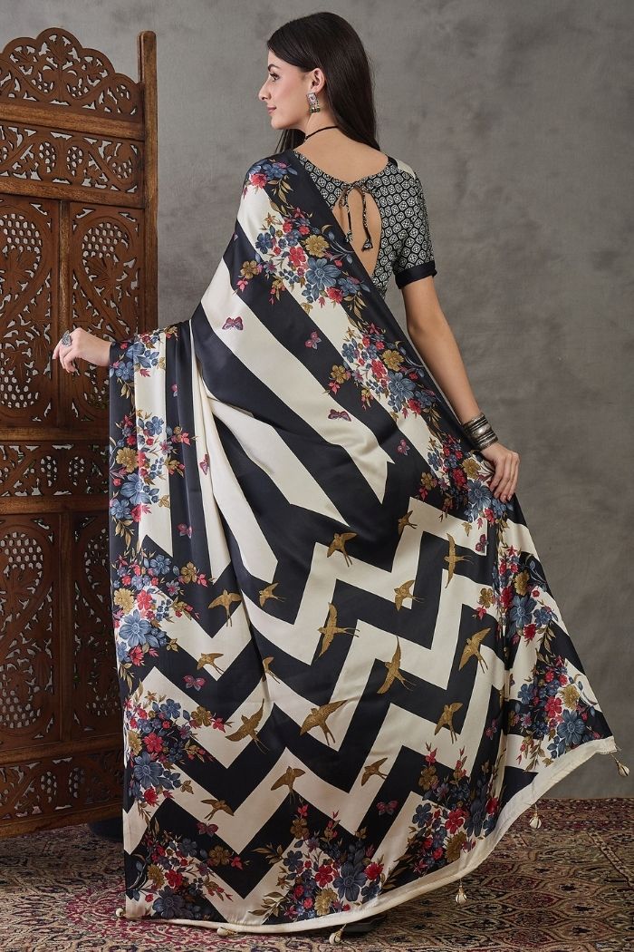Buy MySilkLove Sisal Black Stripe Printed Floral Satin Gaji Silk Saree Online