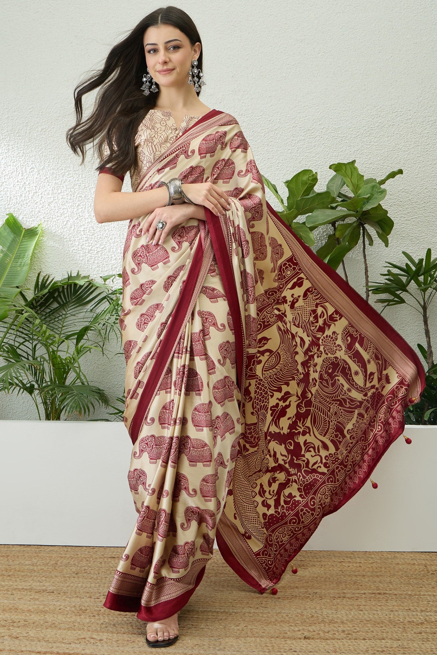 Buy MySilkLove Nacreous Cream and Red Ajrakh Printed Satin Crepe Silk Saree Online
