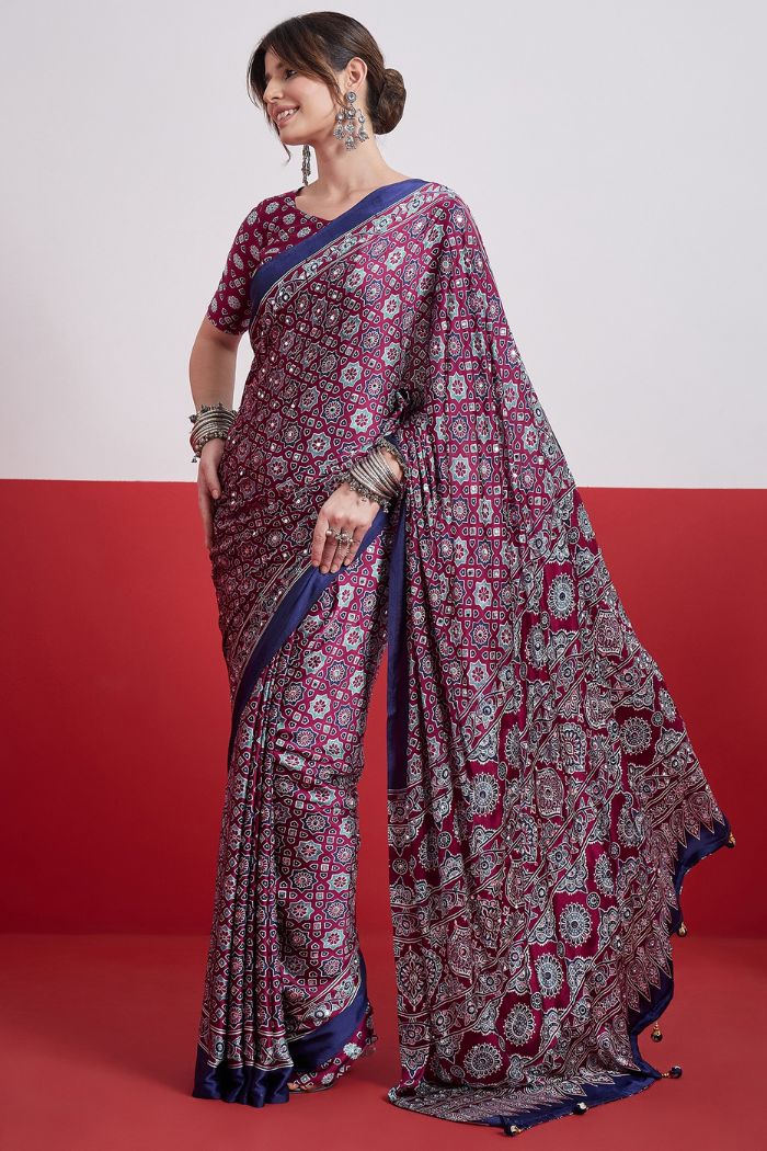 Buy MySilkLove Coral Purple Modal Ajrakh Satin Printed Mirror Work Saree Online