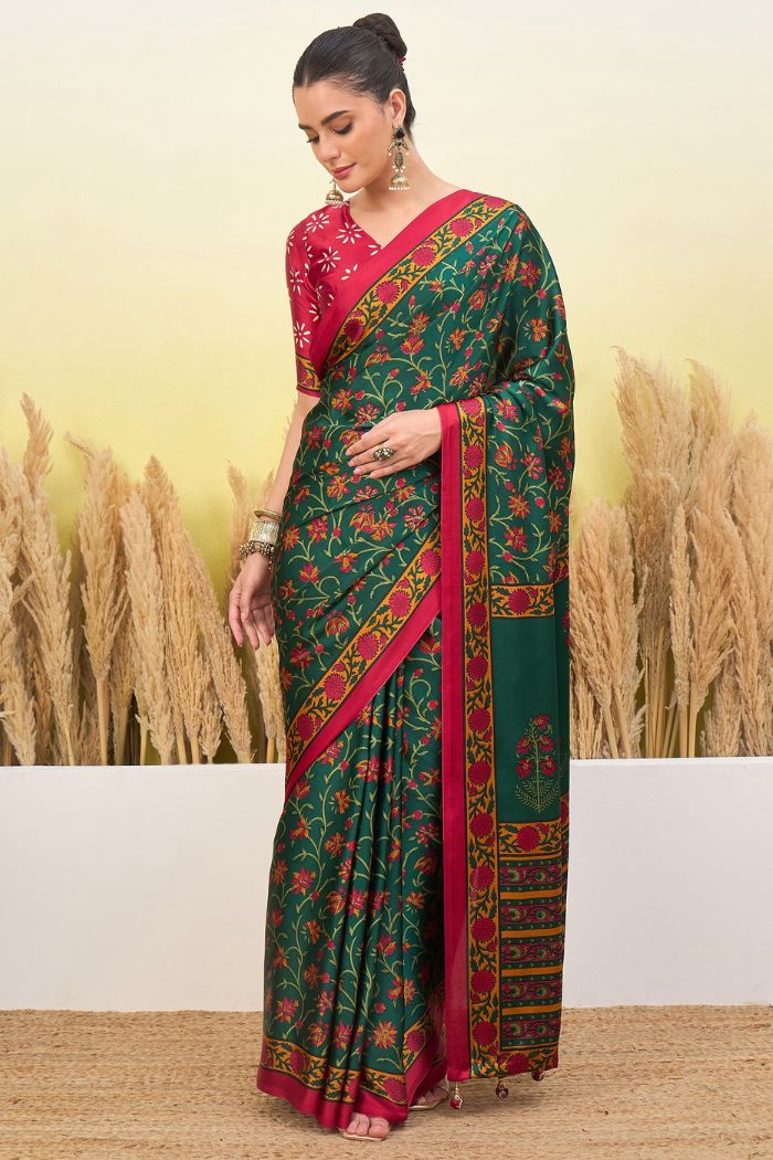 Buy MySilkLove Jungle Green and Red Modal Satin Printed Silk Saree Online