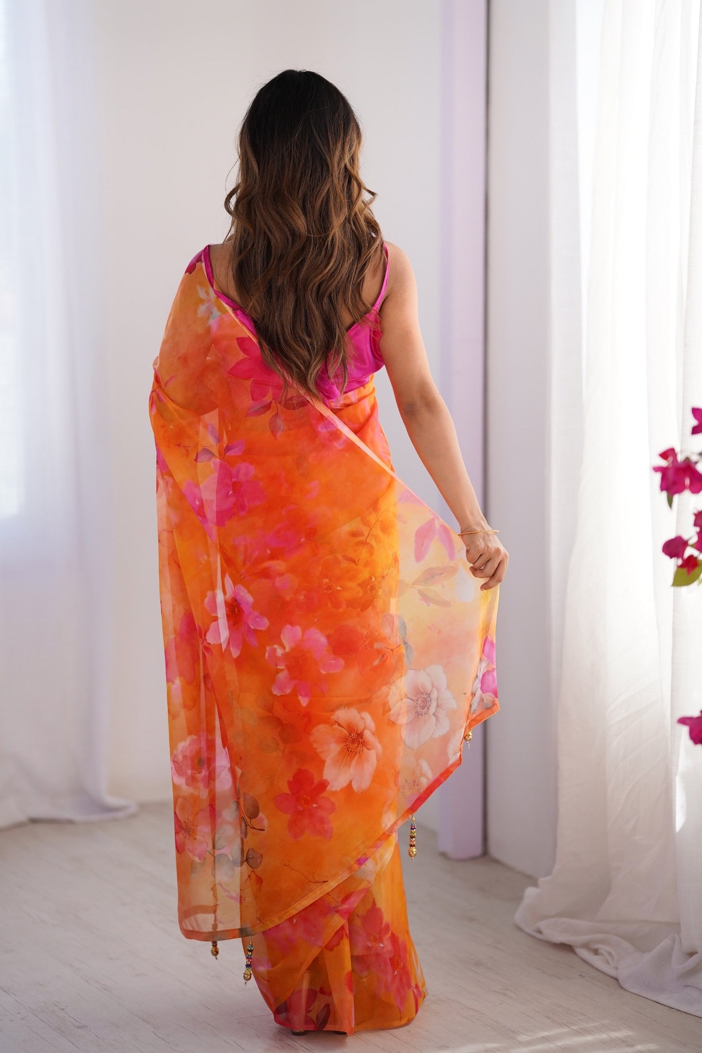 Buy MySilkLove Neon Orange Organza Printed Saree Online