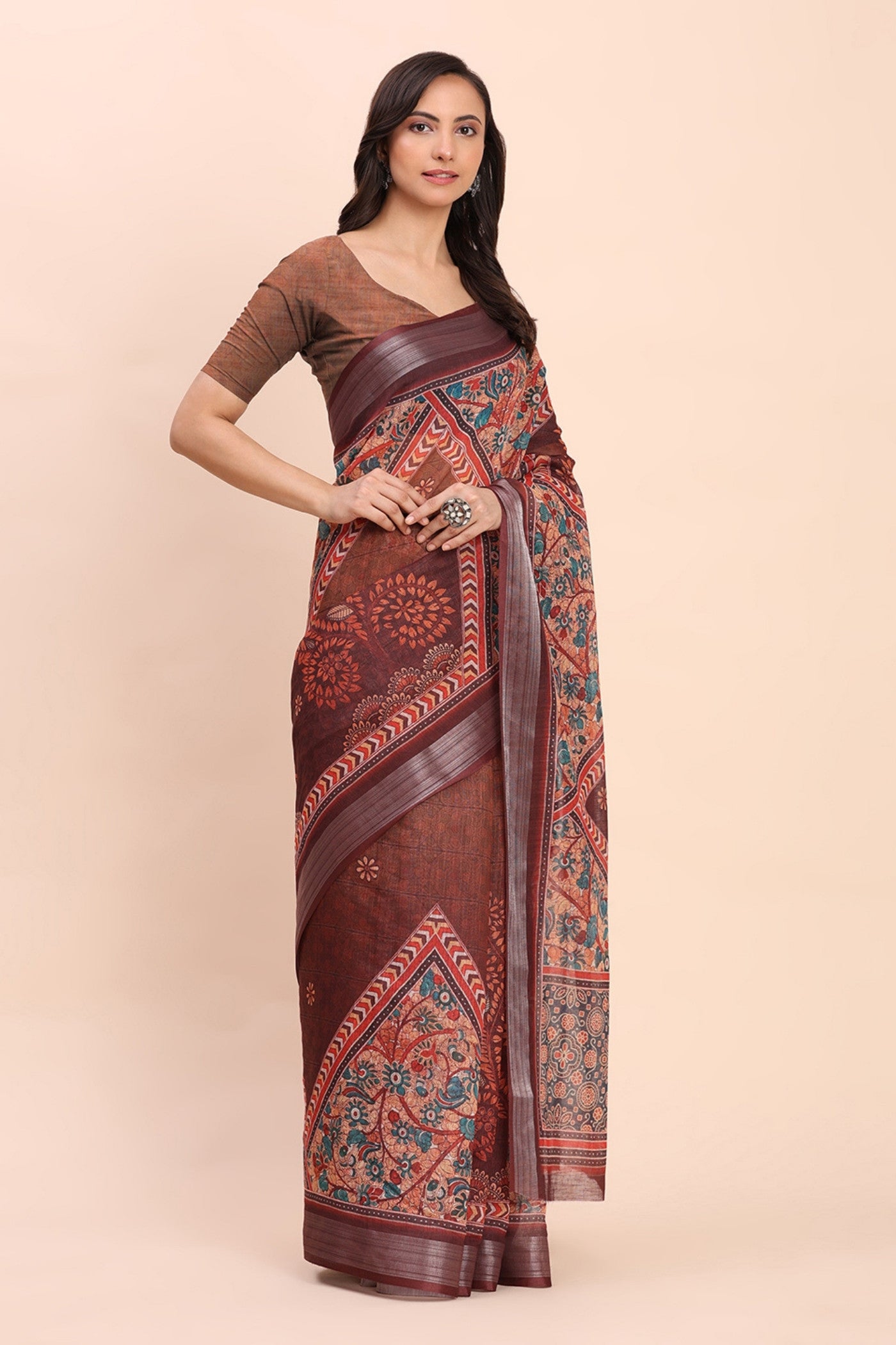 Buy MySilkLove Russet Brown Woven Linen Cotton Saree Online