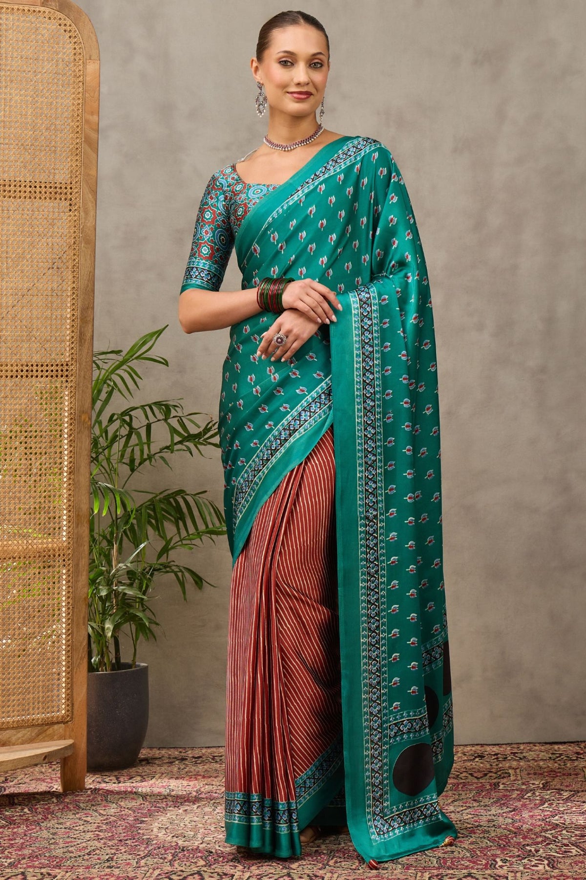 Buy MySilkLove Mint Green and Brown Modal Satin Printed Silk Saree Online