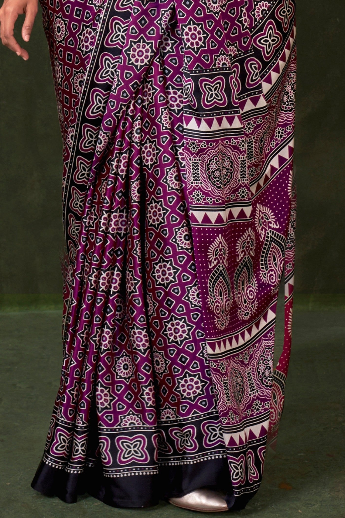 Buy MySilkLove Rebecca Purple Ajrakh Printed Satin Crepe Silk Saree Online