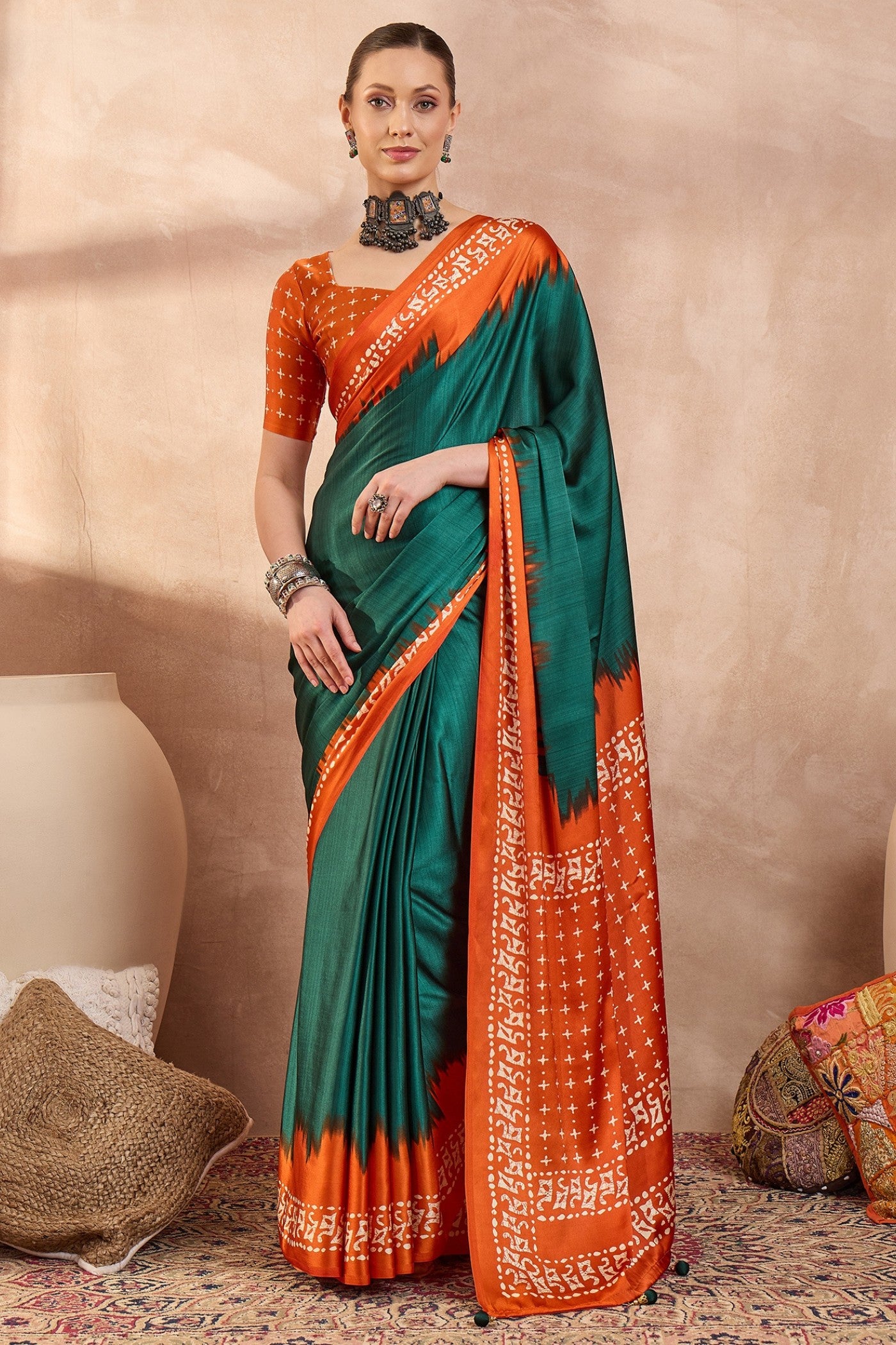 Buy MySilkLove Forest Green Printed Satin Crepe Silk Saree Online