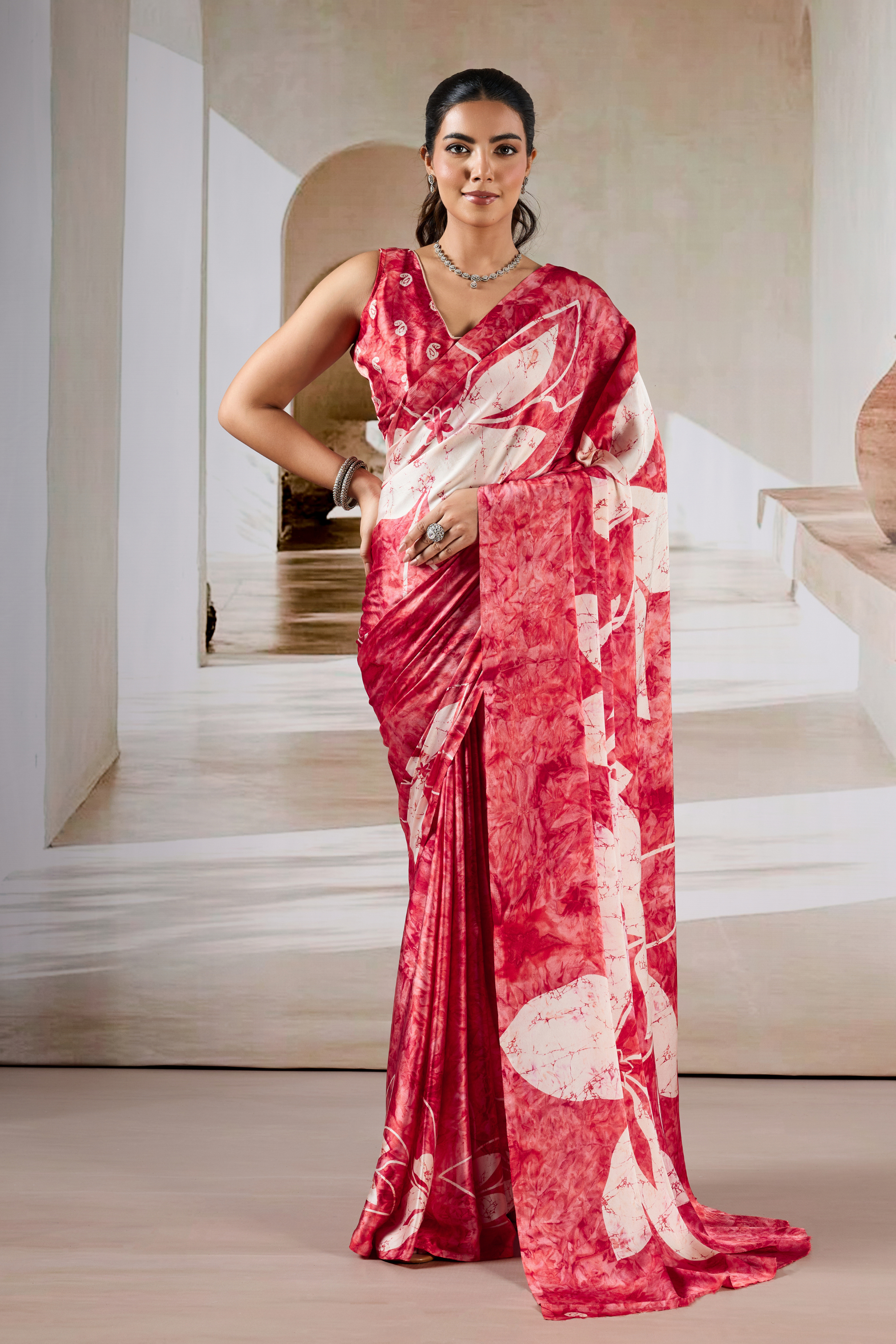 Buy MySilkLove Well Red Modal Satin Hand Prism Print Saree Online