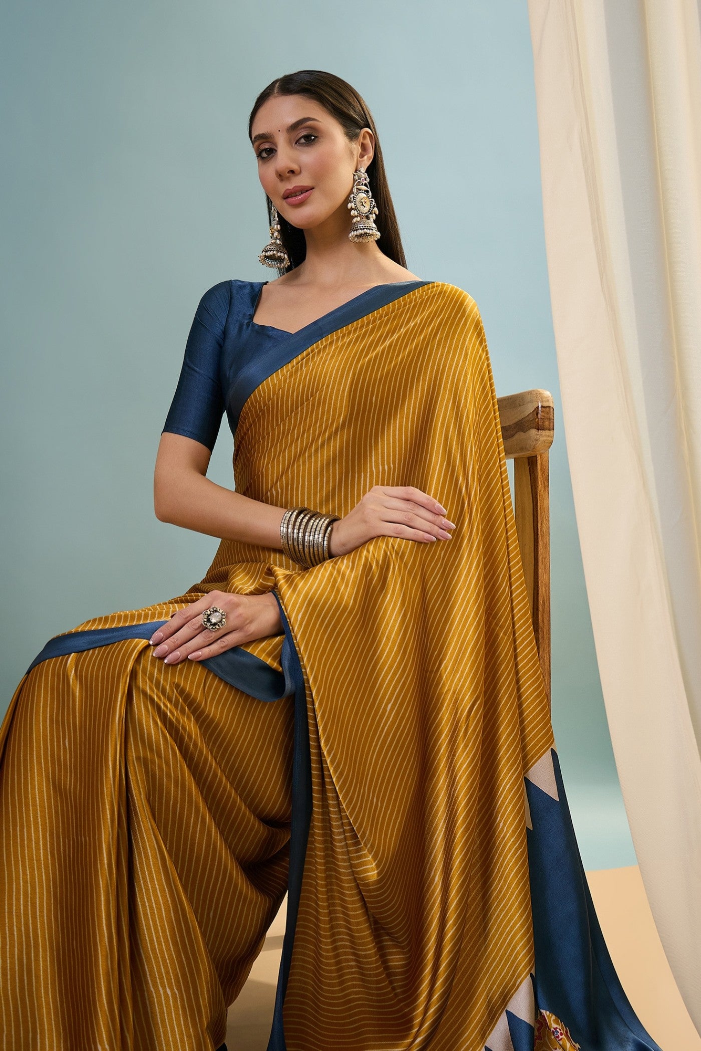 Buy MySilkLove Chrome Yellow Ajrakh Printed Satin Crepe Silk Saree Online