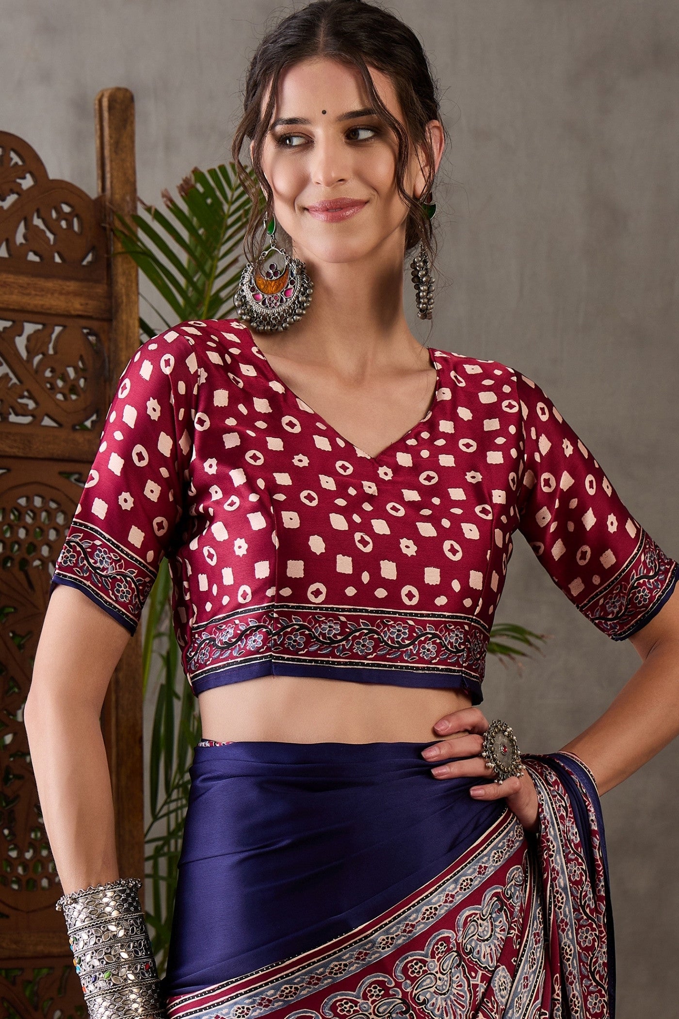 Buy MySilkLove Navy Blue Printed Satin Gaji Silk Saree Online
