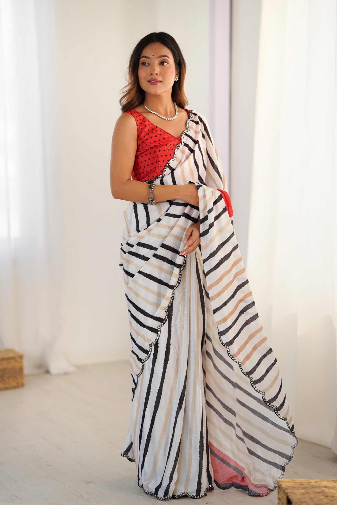 Buy MySilkLove Daisy White Strips Chinon Partywear Saree Online
