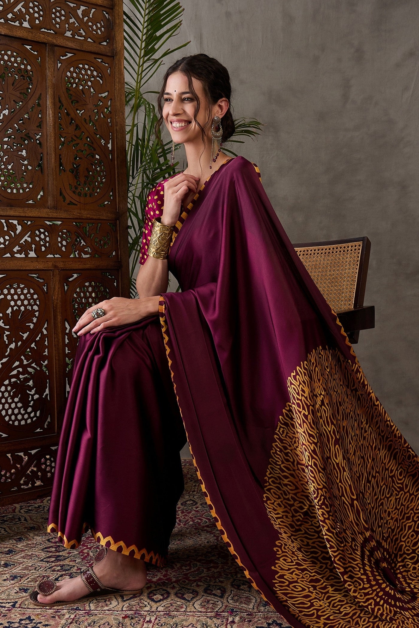 Buy MySilkLove Burgundy Maroon Printed Satin Gaji Silk Saree Online