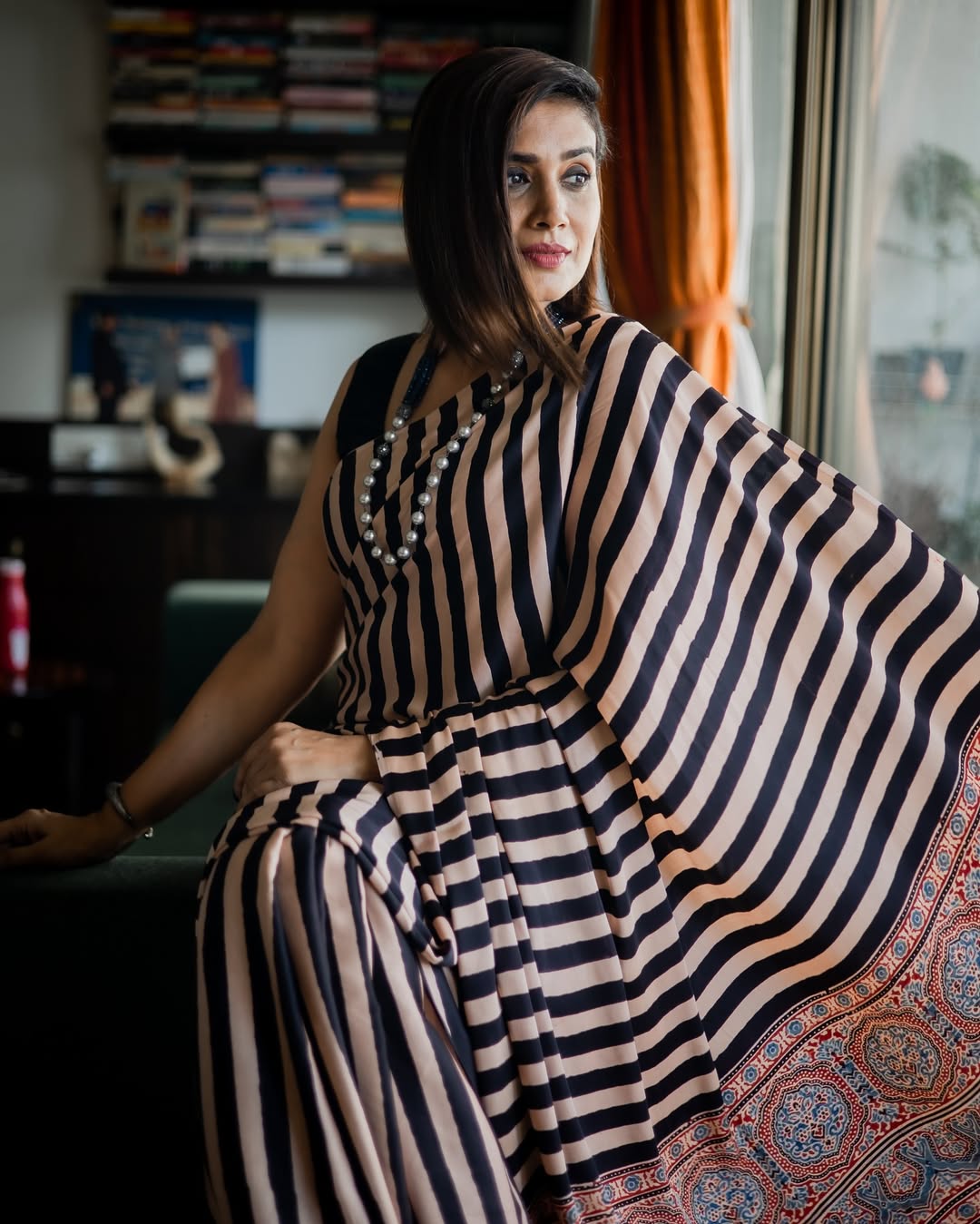 Buy MySilkLove Sonali Kulkarni Inspired: Buff Cream Stripe Ajrakh Printed Satin Gaji Silk Saree Online