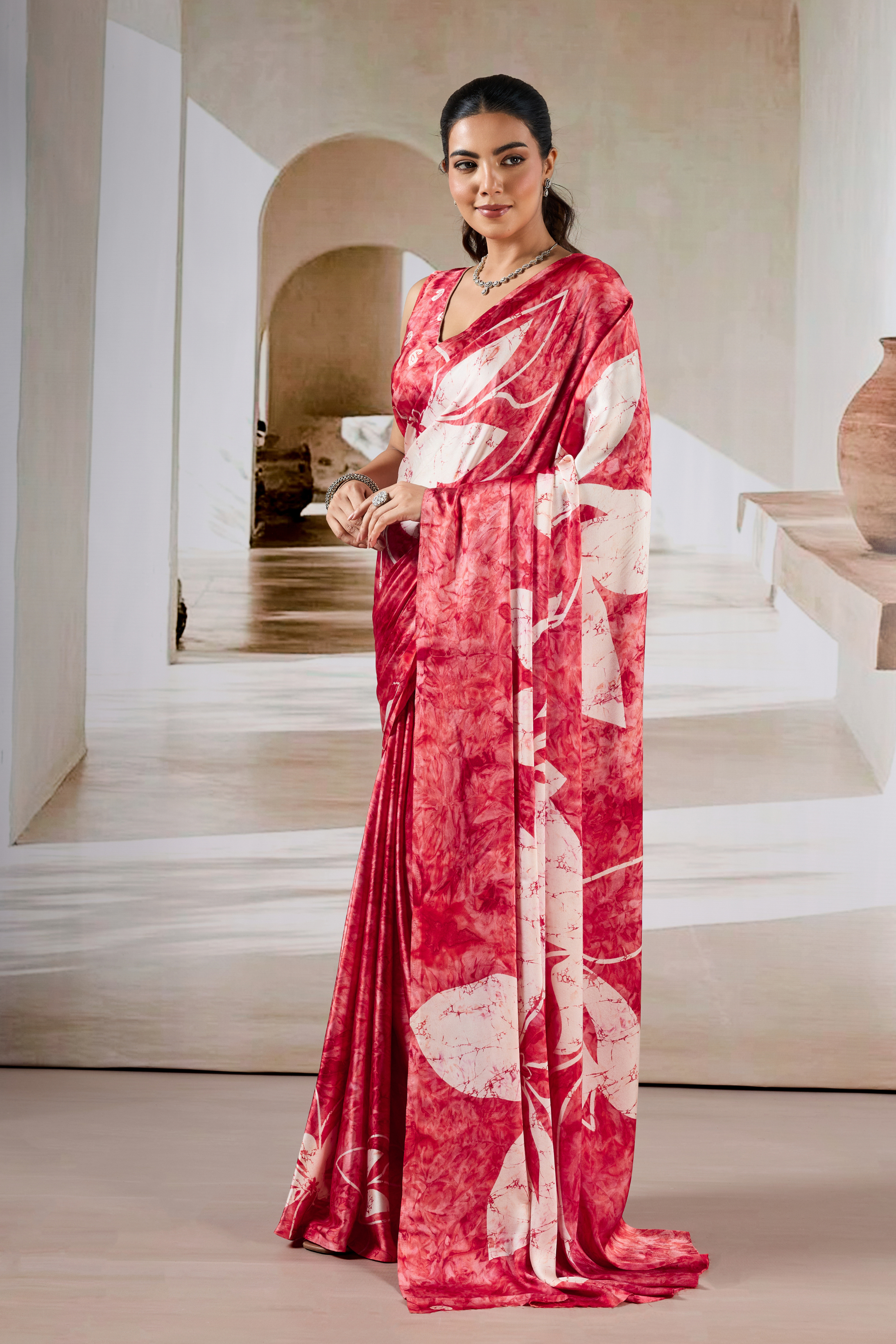 MySilkLove Well Red Modal Satin Hand Prism Print Saree