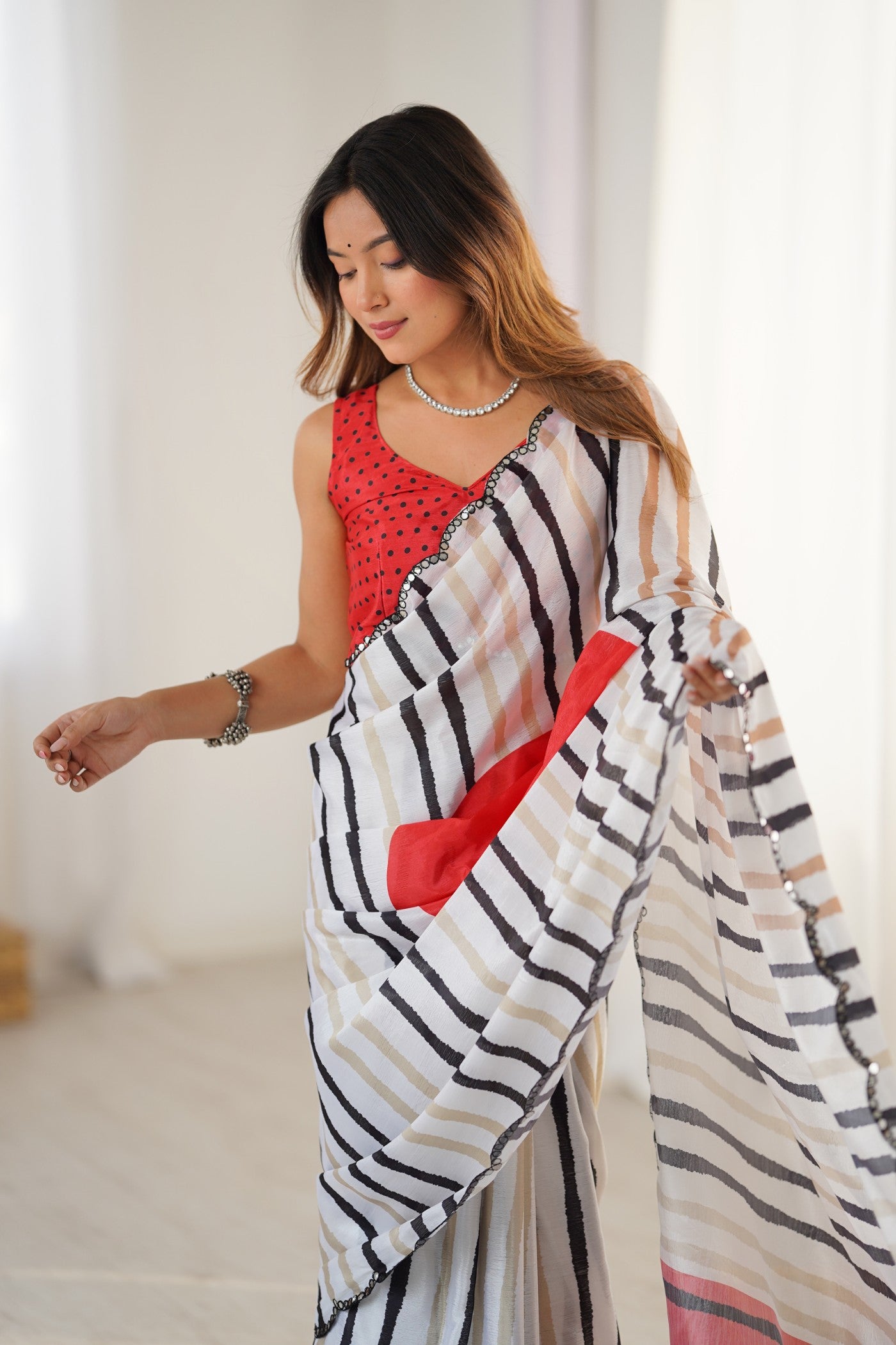 Buy MySilkLove Daisy White Strips Chinon Partywear Saree Online