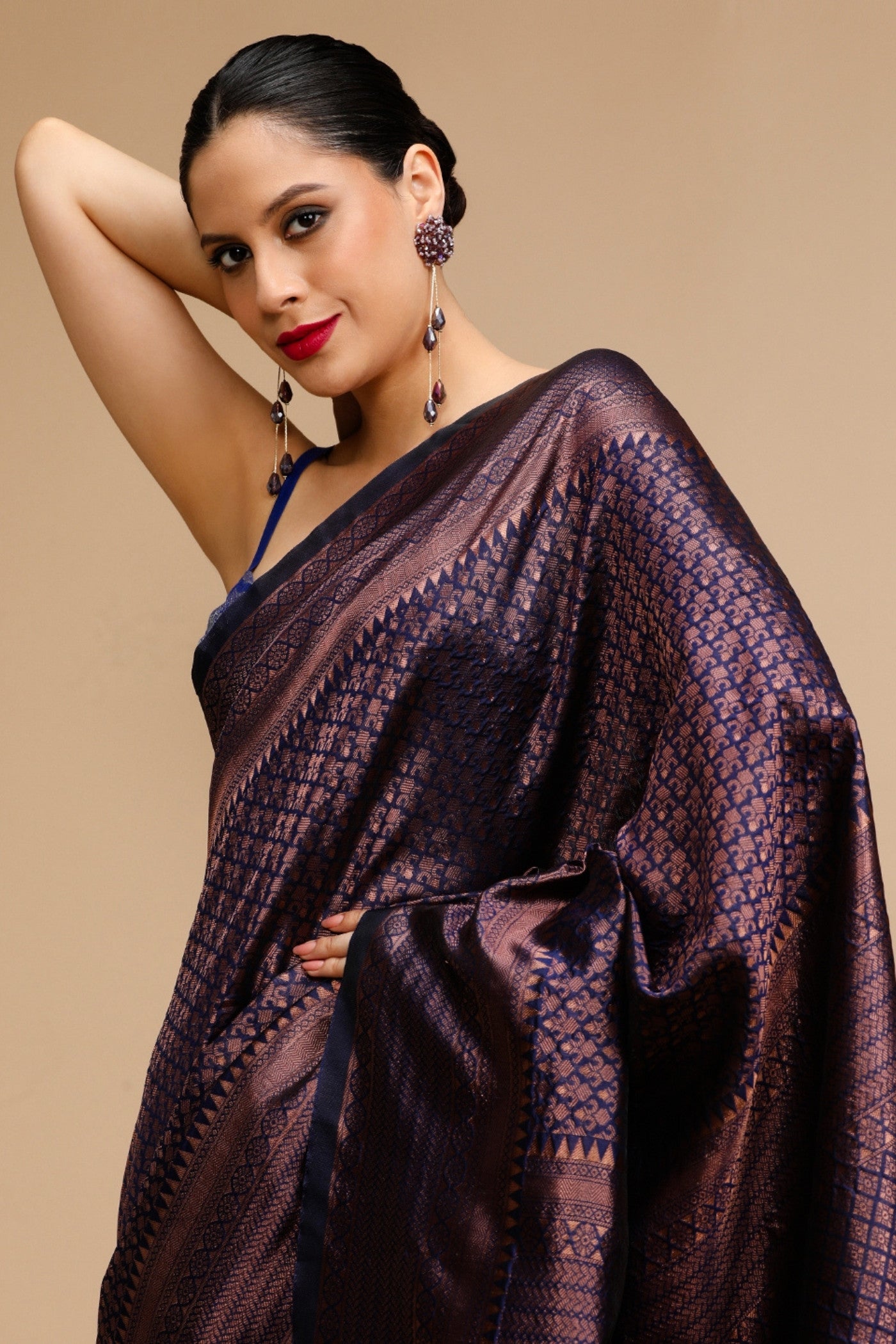 Buy MySilkLove Auburn Brown Woven Jacquard Lichi Silk Saree Online