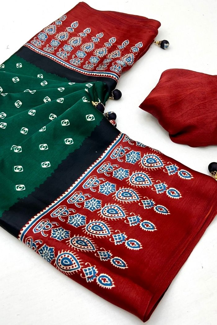 Buy MySilkLove Bottle Green Ajrakh Printed Satin Gaji Silk Saree Online