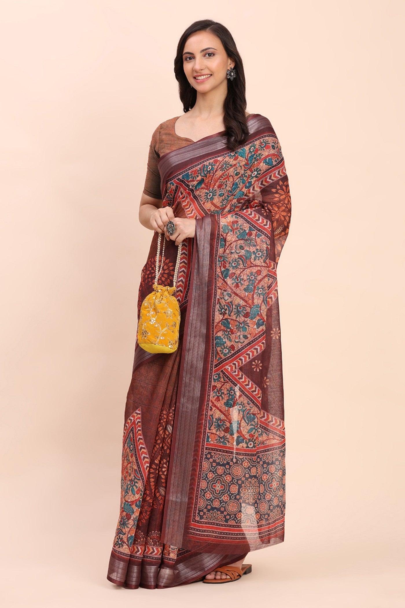 Buy MySilkLove Russet Brown Woven Linen Cotton Saree Online